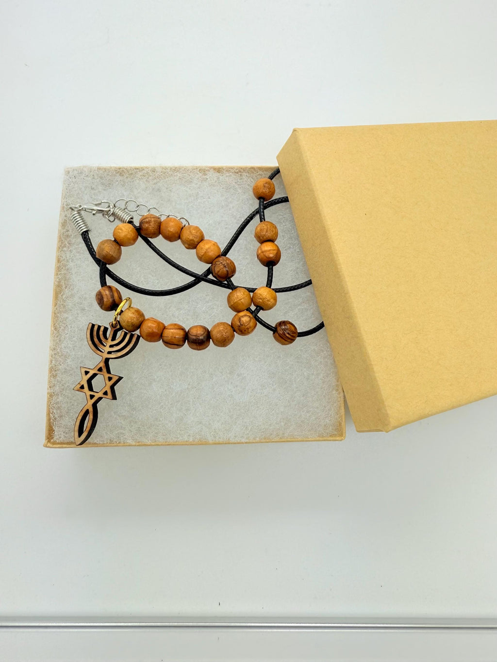 Star of David menorah and fish messianic grafted in Israel basswood pendant handmade necklace with olive wood beads 20" gift boxed