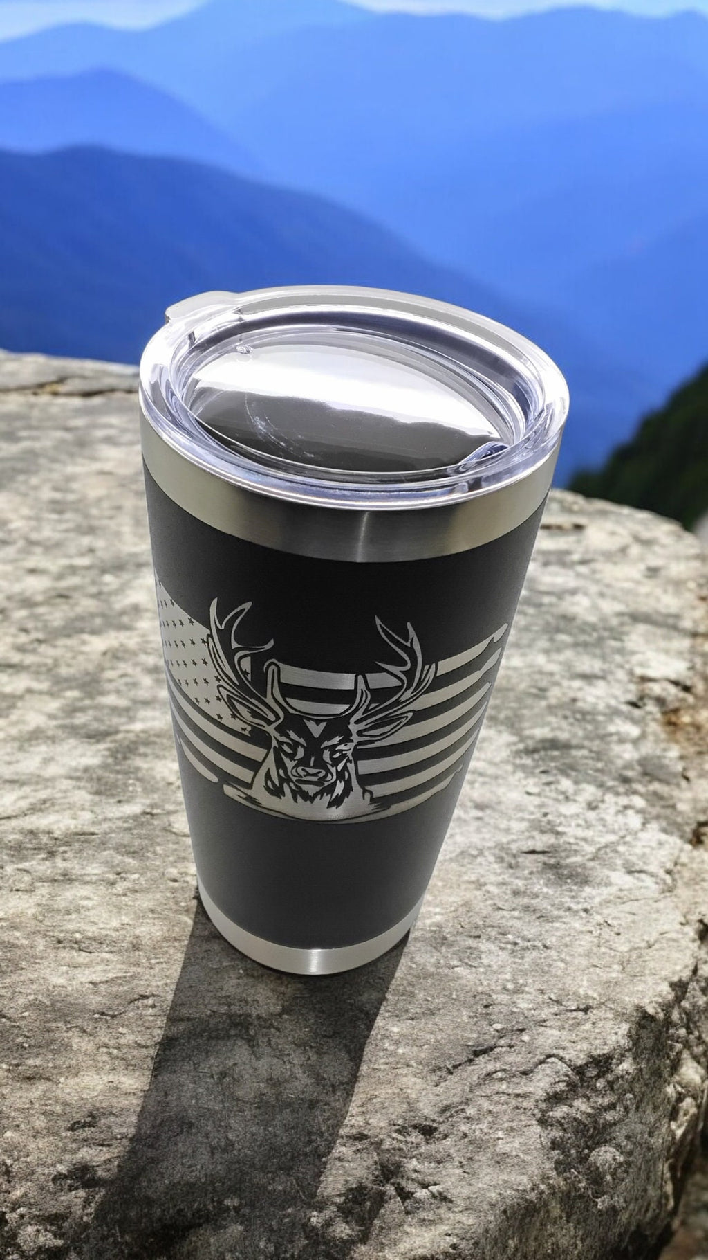20oz Stainless Steel Tumbler with Lid engraved US Flag Deer Hunting travel mug