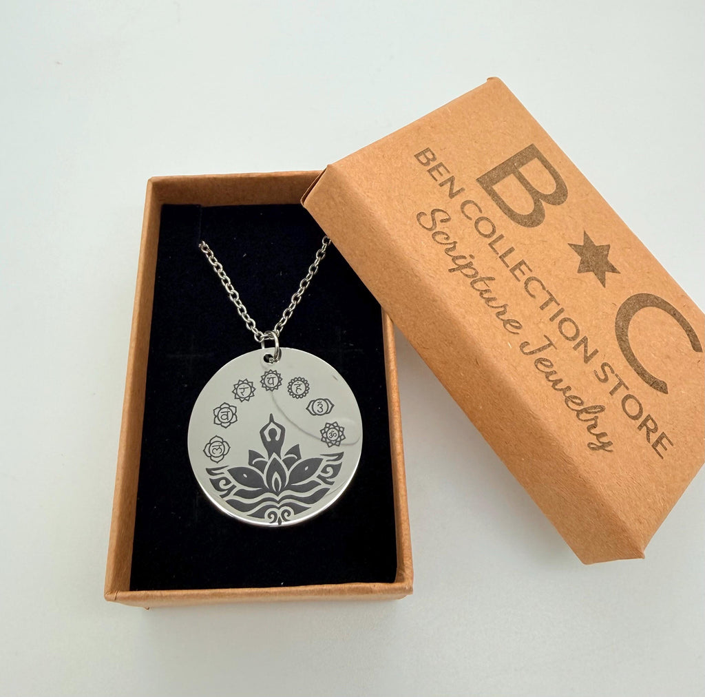 Chakra jewelry medallion pendant stainless steel 20” necklace meditation yoga 7 symbols