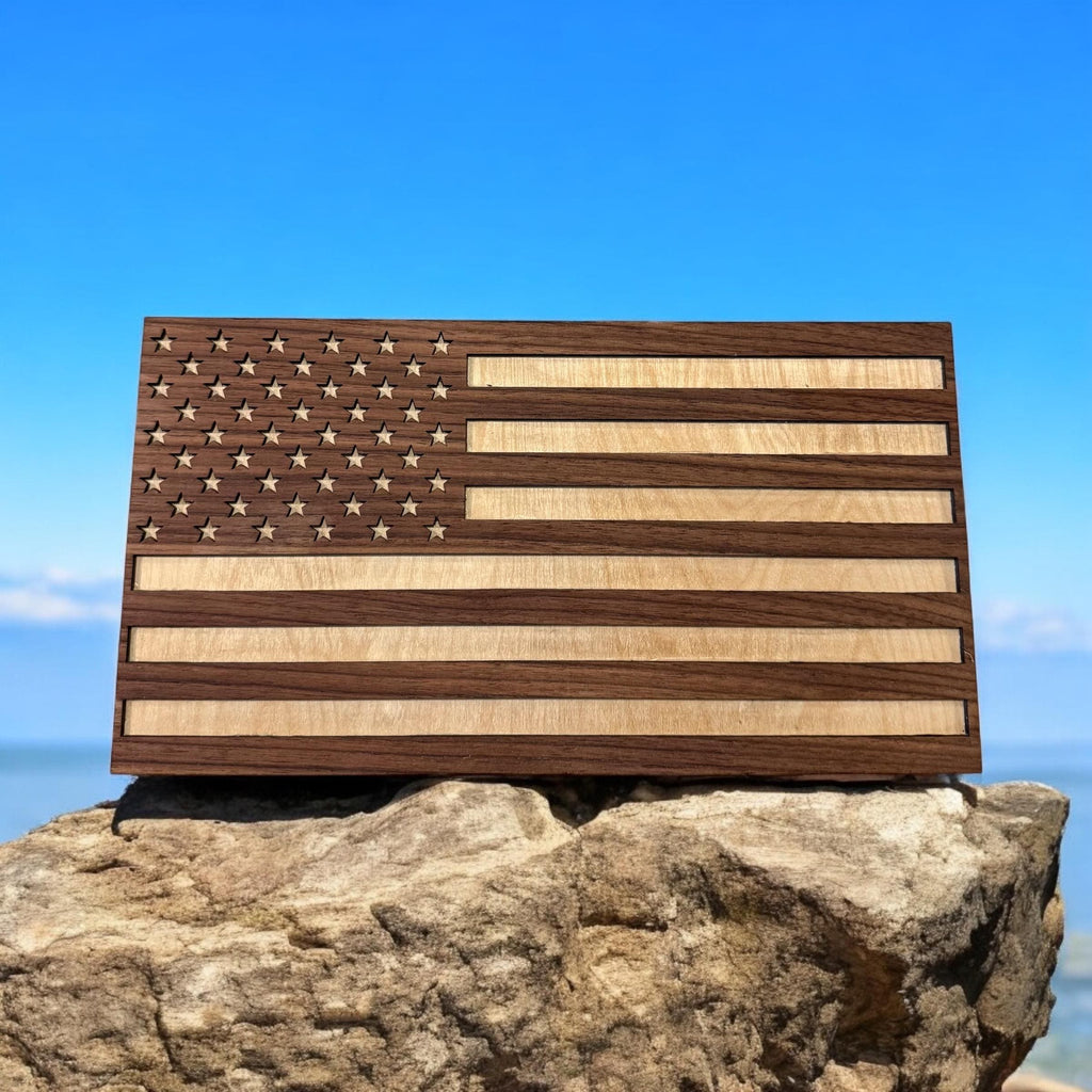 USA American flag handmade in Arizona from walnut and basswood with wooden stand 11” x 6”
