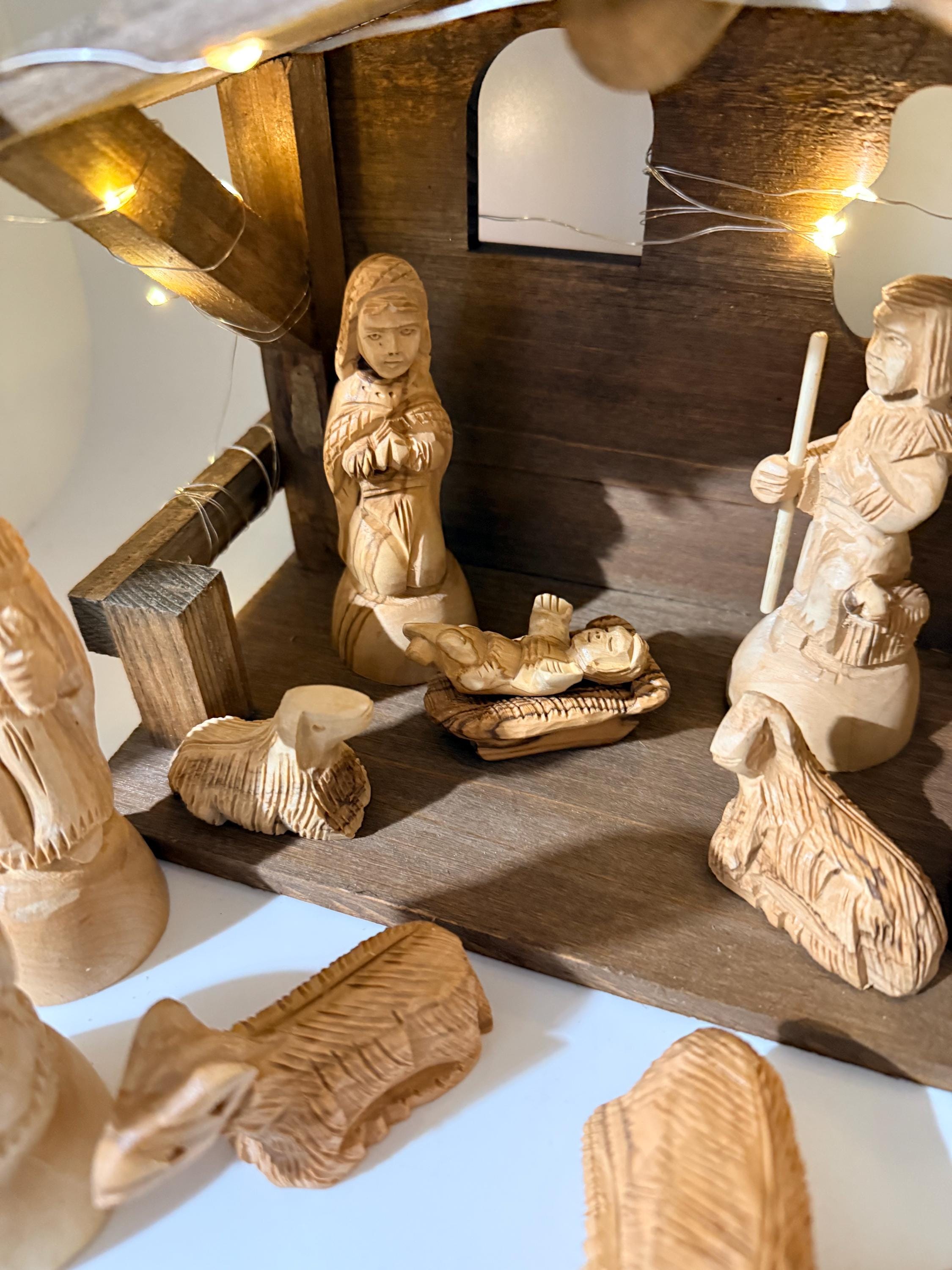 Bethlehem olive wood detail carving style nativity set with wood Stable Manger LED lights