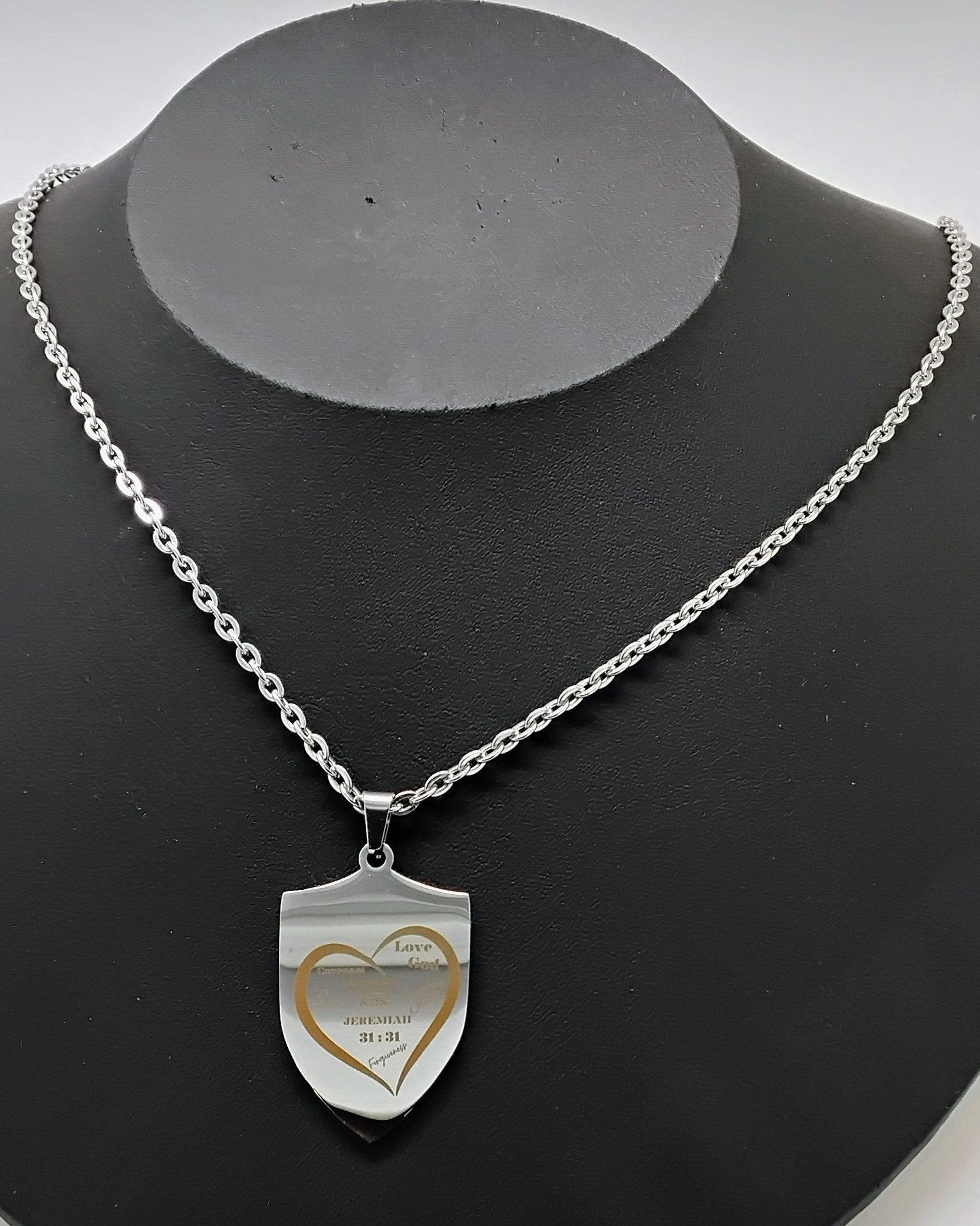 Jeremiah scripture necklace in Hebrew and English Stainless steel engraved with heart and 20 inches necklace