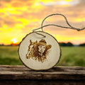 Cowgirl with the horse handmade engraved on natural pine wood slice with the bark great decoration for the Christmas tree comes gift boxed