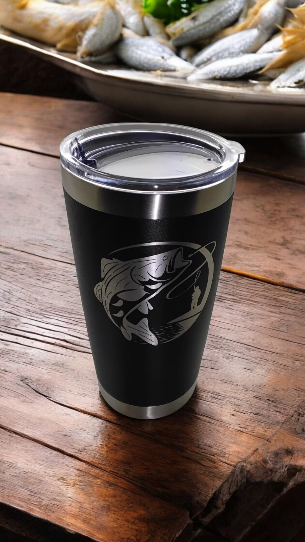 20oz Stainless Steel Tumbler with Lid engraved with Fishing travel mug gift