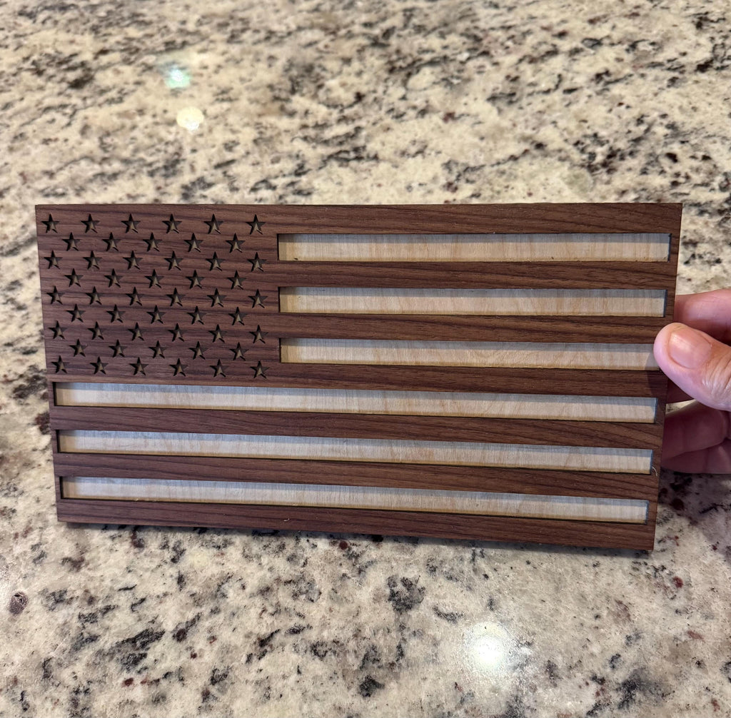 USA American flag handmade in Arizona from walnut and basswood with wooden stand 11” x 6”