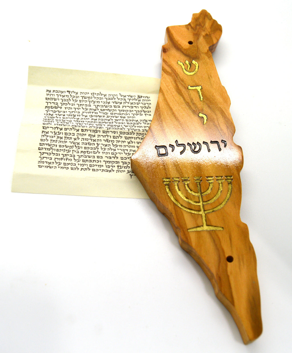 Olive wood Mezuzah Israel shape cutout with non Kosher scroll and engraved with the Shadi God Name Jerusalem and Star of David hand painted.