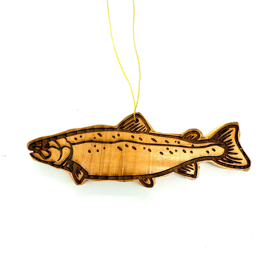 Wooden salmon fish Christmas ornament hand crafted from cedar wood fishing gift personalized with your name engraved on the back