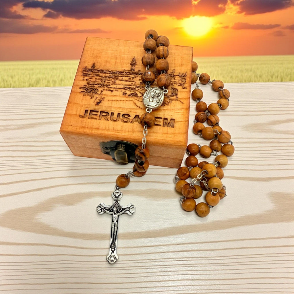 Bethlehem olive wood rosary beads with the Madonna and child and holy soil centrepiece and wooden handmade box engraved Jerusalem