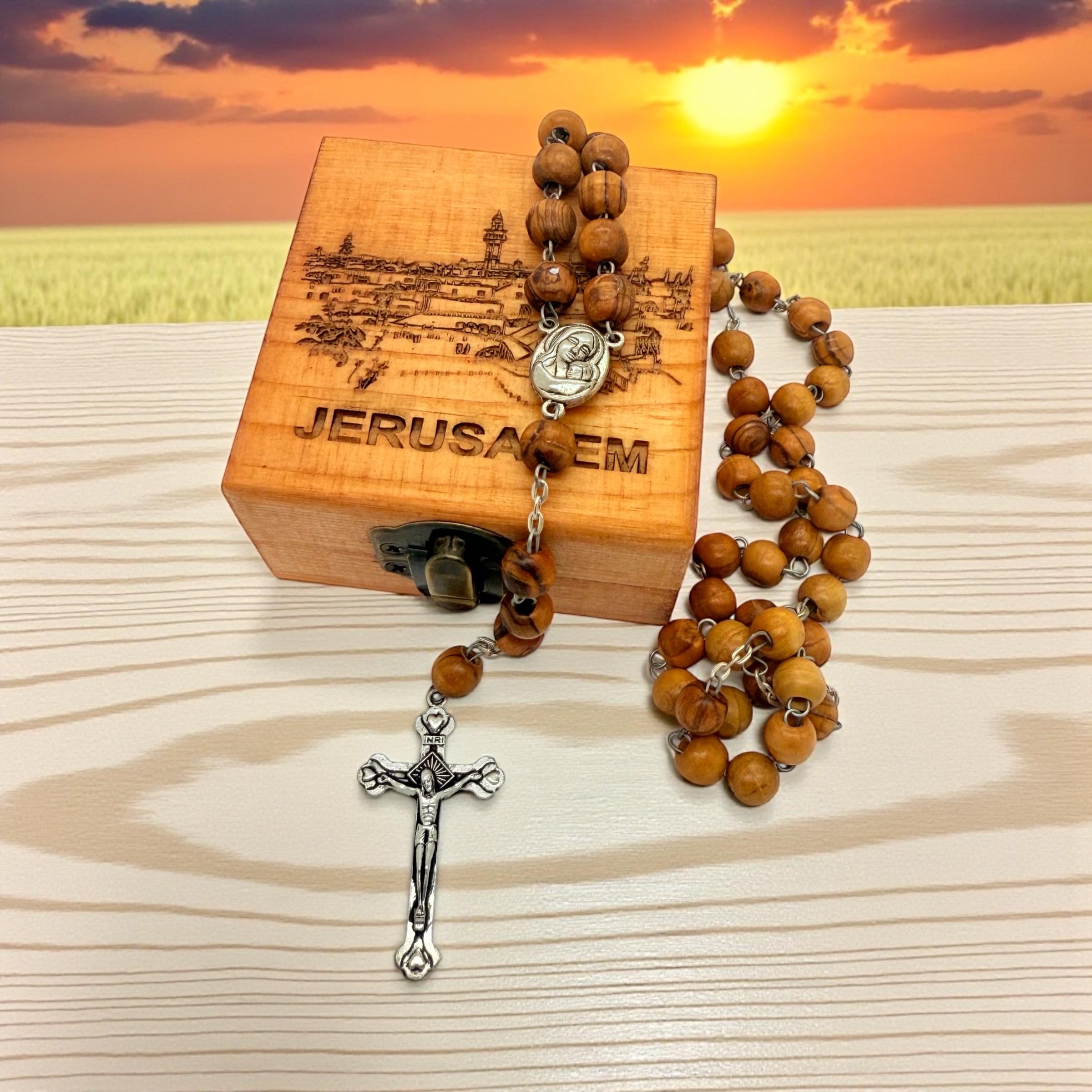 Bethlehem olive wood rosary beads with the Madonna and child and holy soil centrepiece and wooden handmade box engraved Jerusalem