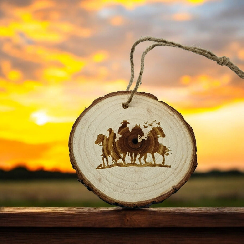 Cowboys on horses handmade engraved on natural pine wood slice with the bark great decoration for the Christmas tree comes gift boxed