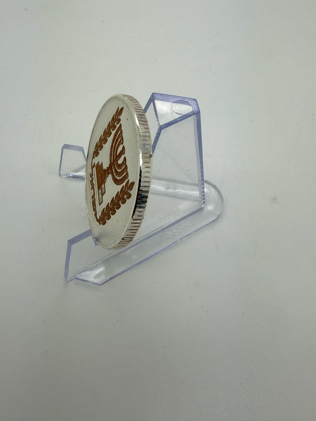 the Israel Menorah engraved challenge coin made from brass or alloy comes with display stand