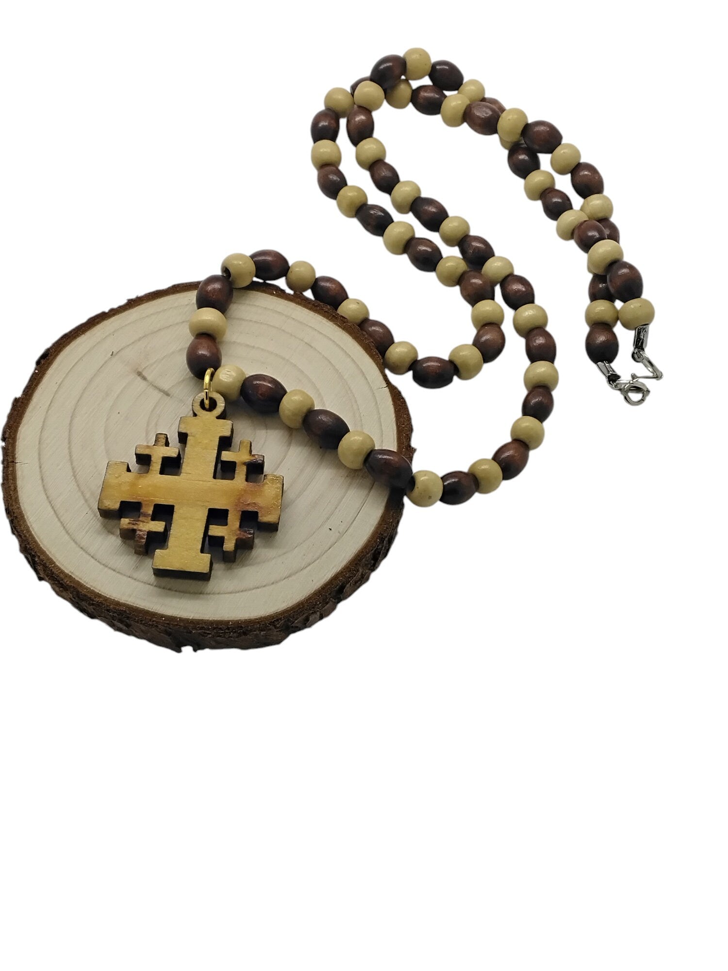 Jerusalem Cross necklace Handmade from olive wood pendant and wooden beads necklace gift boxed