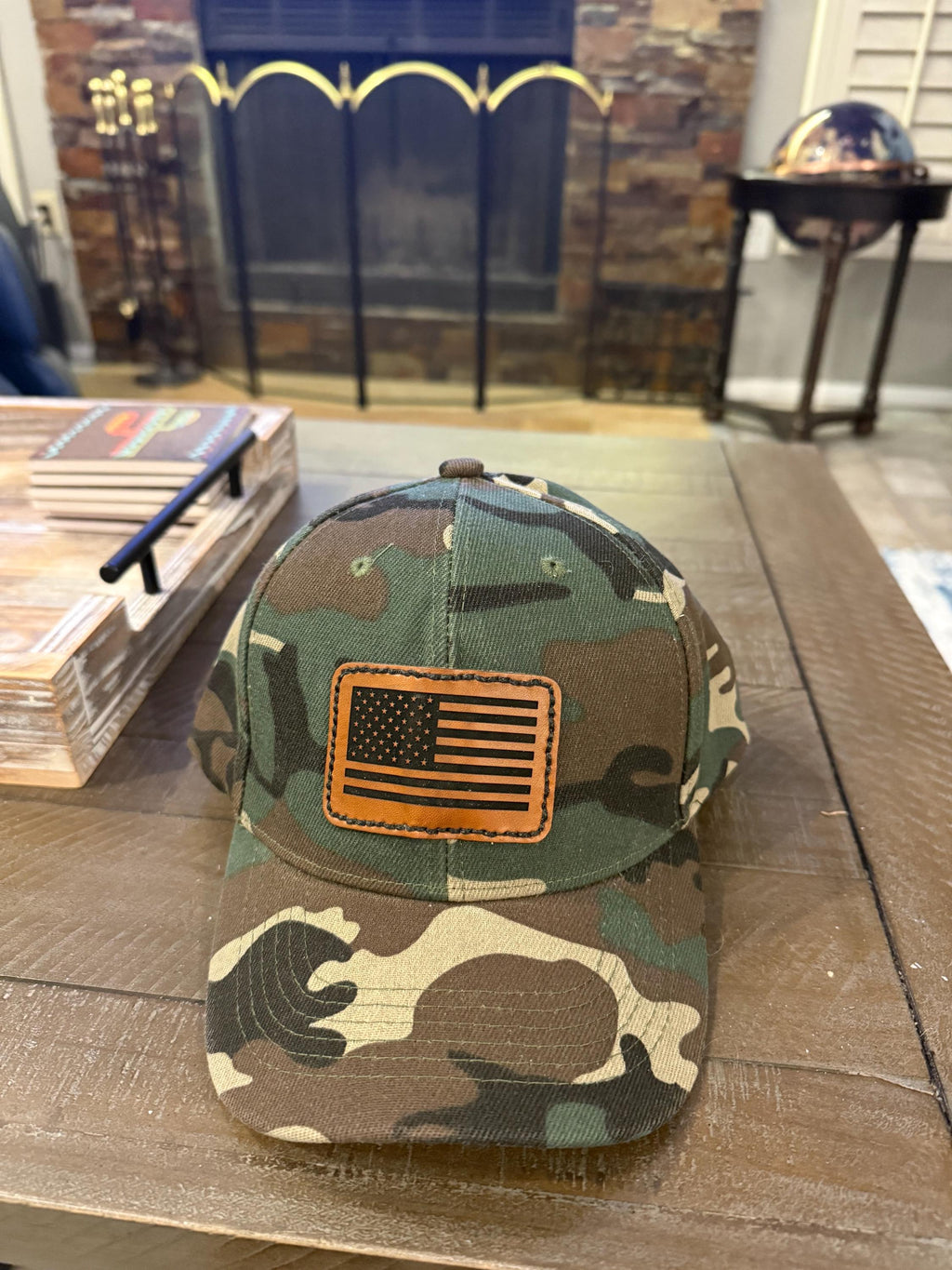 USA Flag Hat baseball cap American flag leatherette patch laser engraved and heat pressed applied on blue and white hand stitched  on Camo