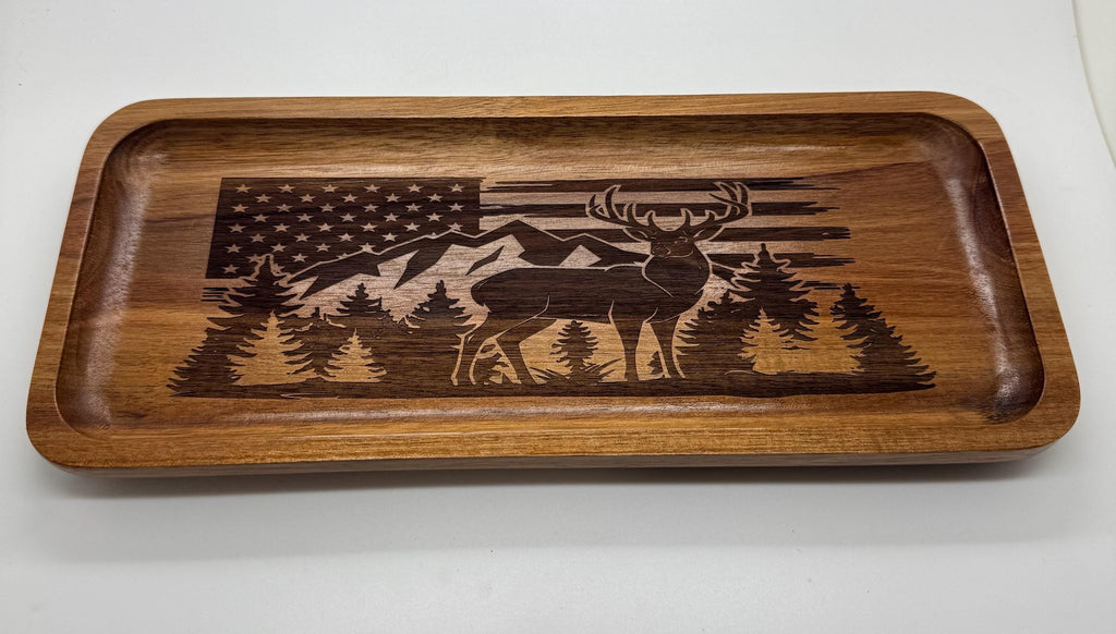 Acacia wood tray engraved with the American flag Deer mountain and tree forest 11.8” x 5” x 0.78”