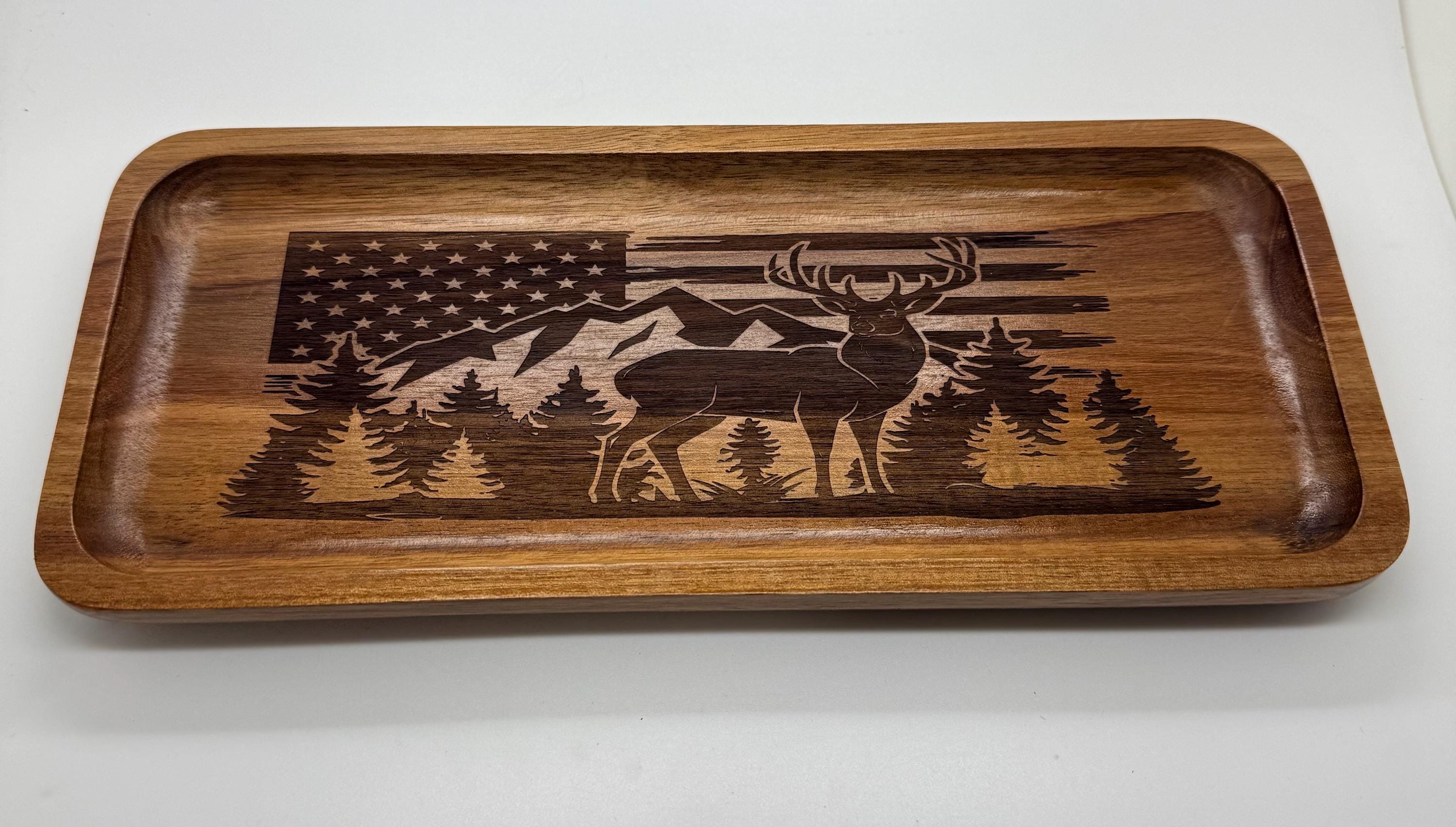 Acacia wood tray engraved with the American flag Deer mountain and tree forest 11.8” x 5” x 0.78”