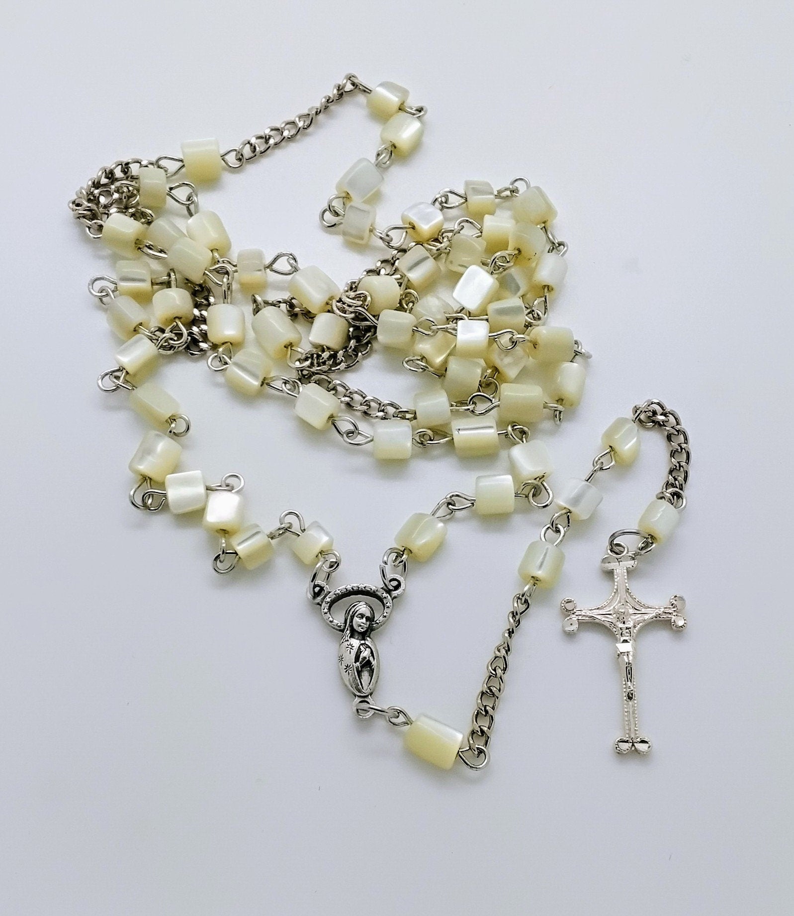 Catholic rosary mother of pearl necklace handmade with wooden rosary box personalized