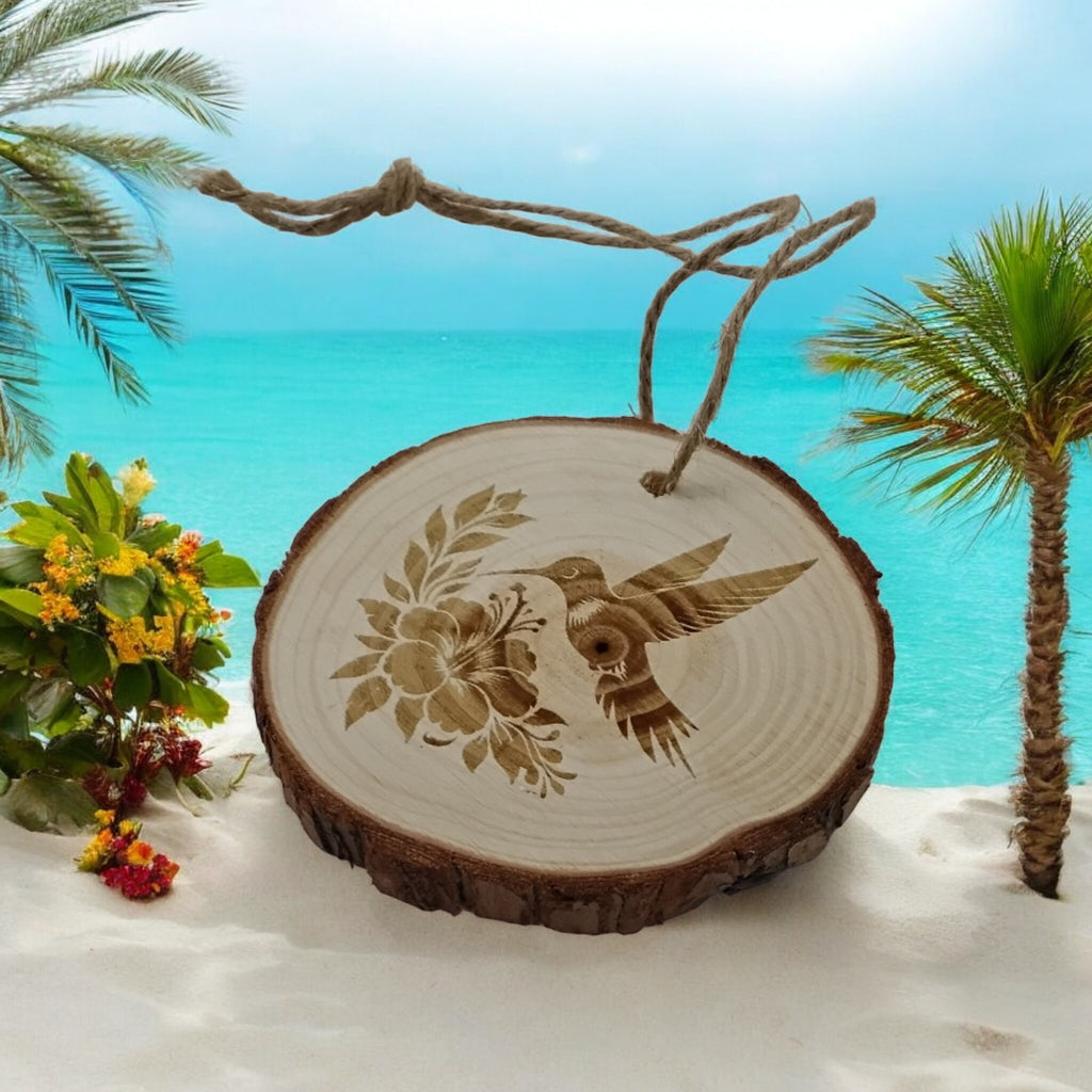 Hummingbird handmade engraved on natural pine wood slice with the bark great decoration for the Christmas tree comes ready to hung gift box