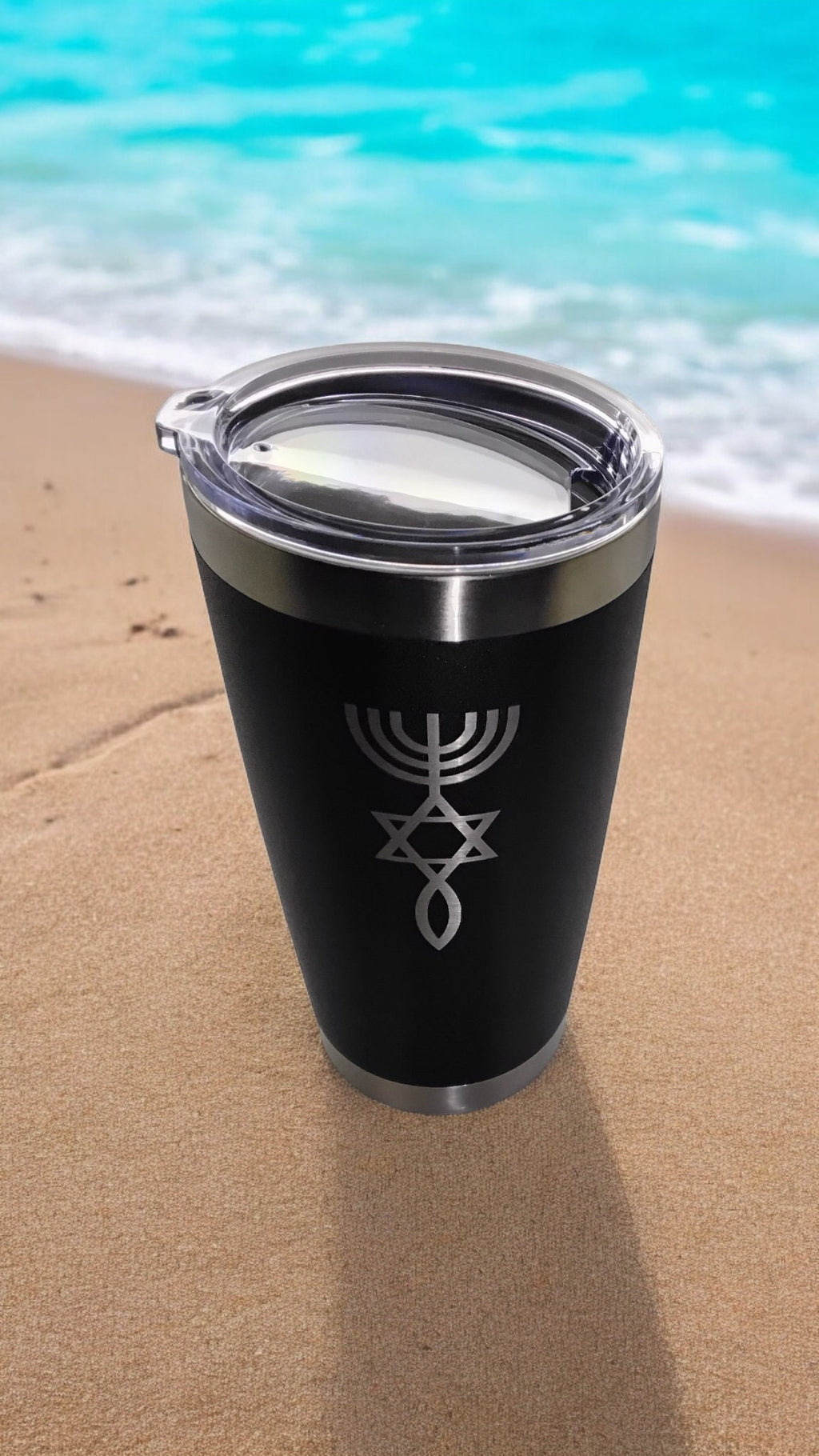 20oz Stainless Steel Tumbler w Lid engraved Messianic Seal grafted In Israel Star of David Menorah and fish travel mug