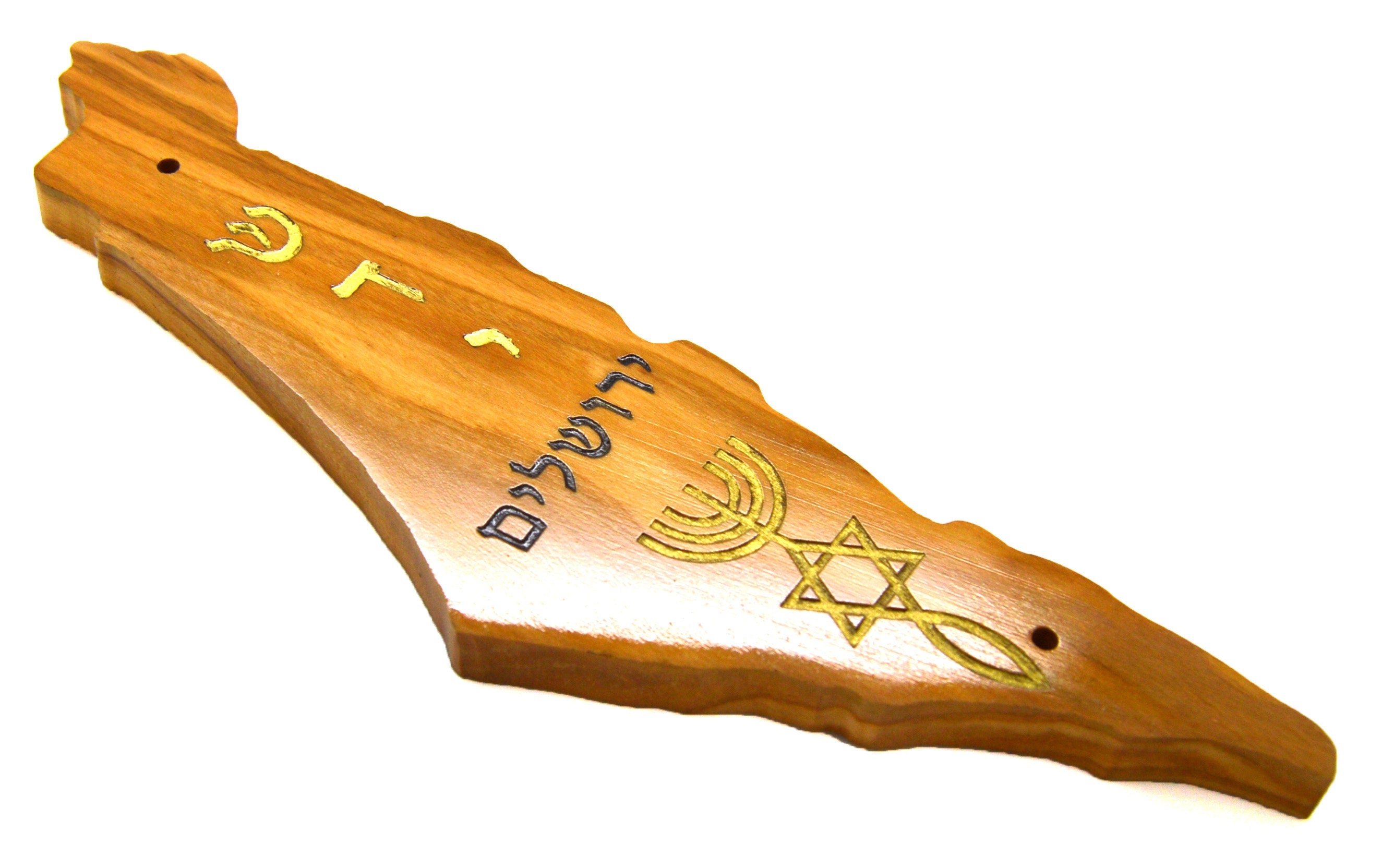 Olive wood Mezuzah Israel shape cutout with non Kosher scroll and engraved with the Shadi God Name Jerusalem and Star of David hand painted.