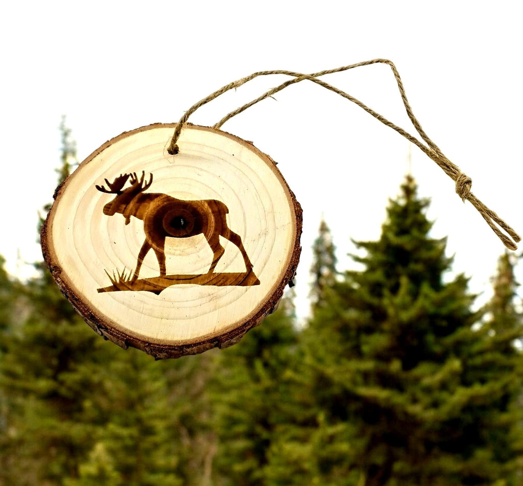 Moose handmade engraved on natural pine wood slice with the bark great decoration for the Christmas tree comes ready to hung gift box