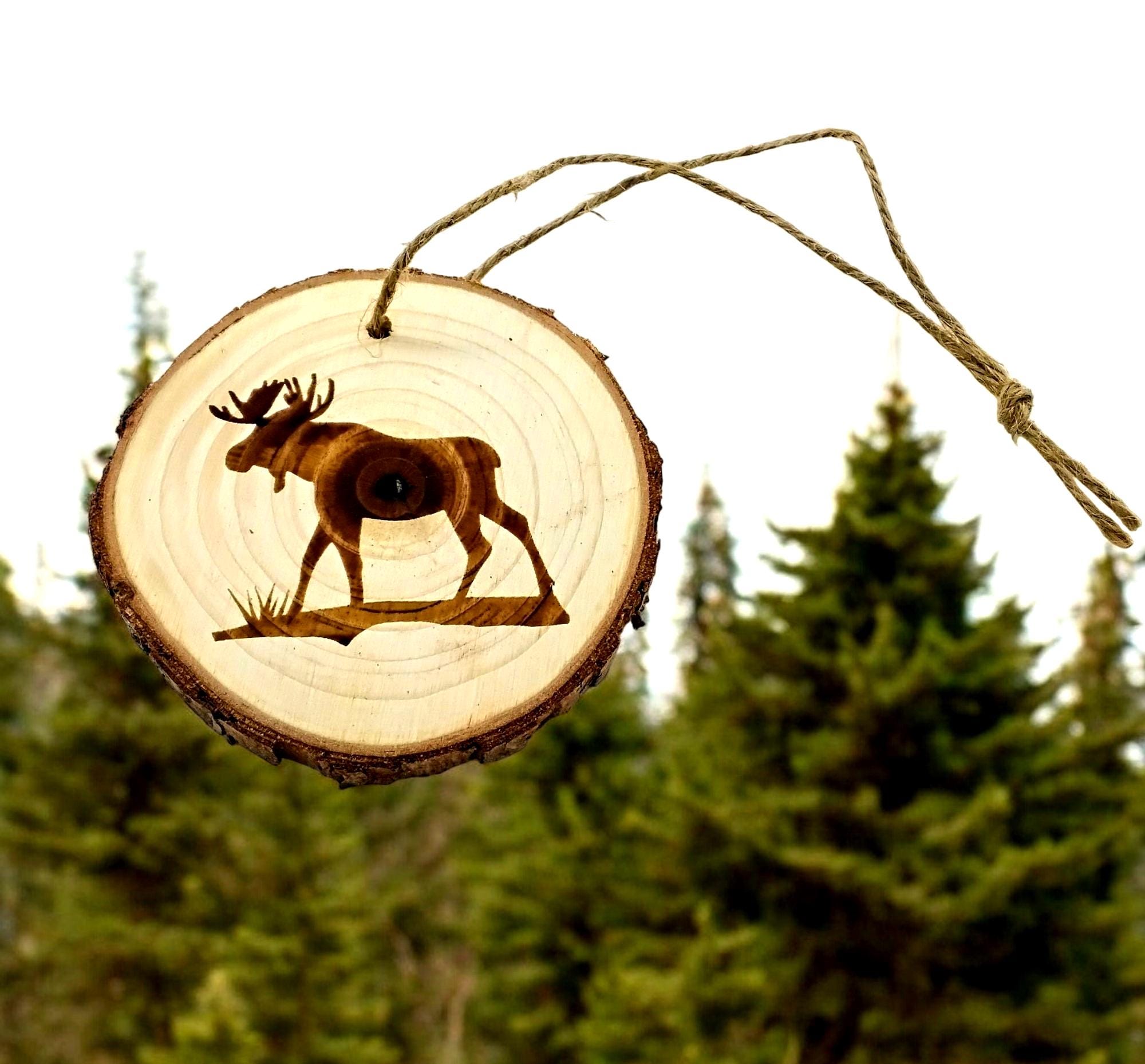 Moose handmade engraved on natural pine wood slice with the bark great decoration for the Christmas tree comes ready to hung gift box