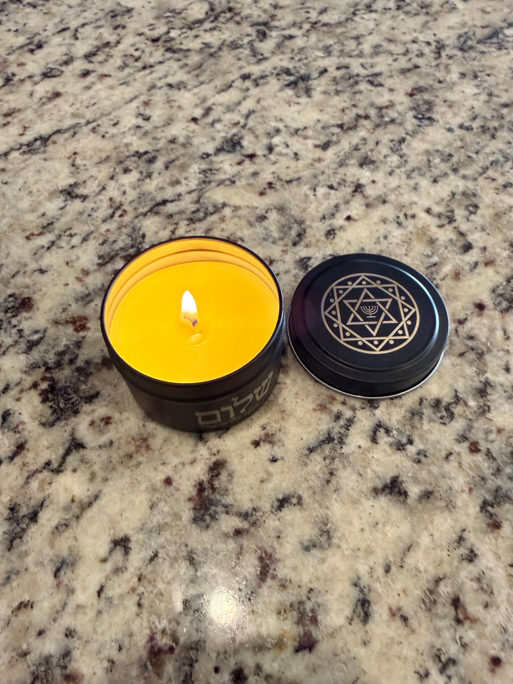 Handmade soy wax candle 3.5 oz Star of David menorah Jewish design engraved tin metal tin jar Shalom in Hebrew. Personalization available.