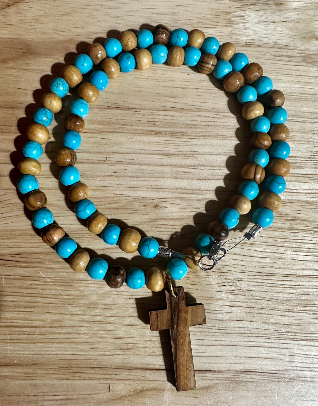 Bethlehem olive wood beads and turquoise beads necklace handmade with olive wood cross pendant comes gift boxed