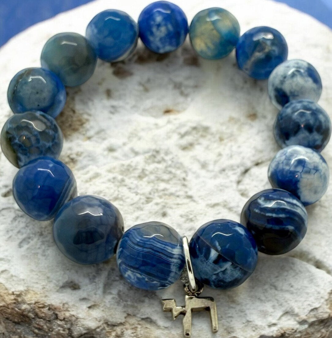 Blue and White natural Agate stones beads with the Sterling silver Jewish Star of David, Chai and Hamsa Hand charm