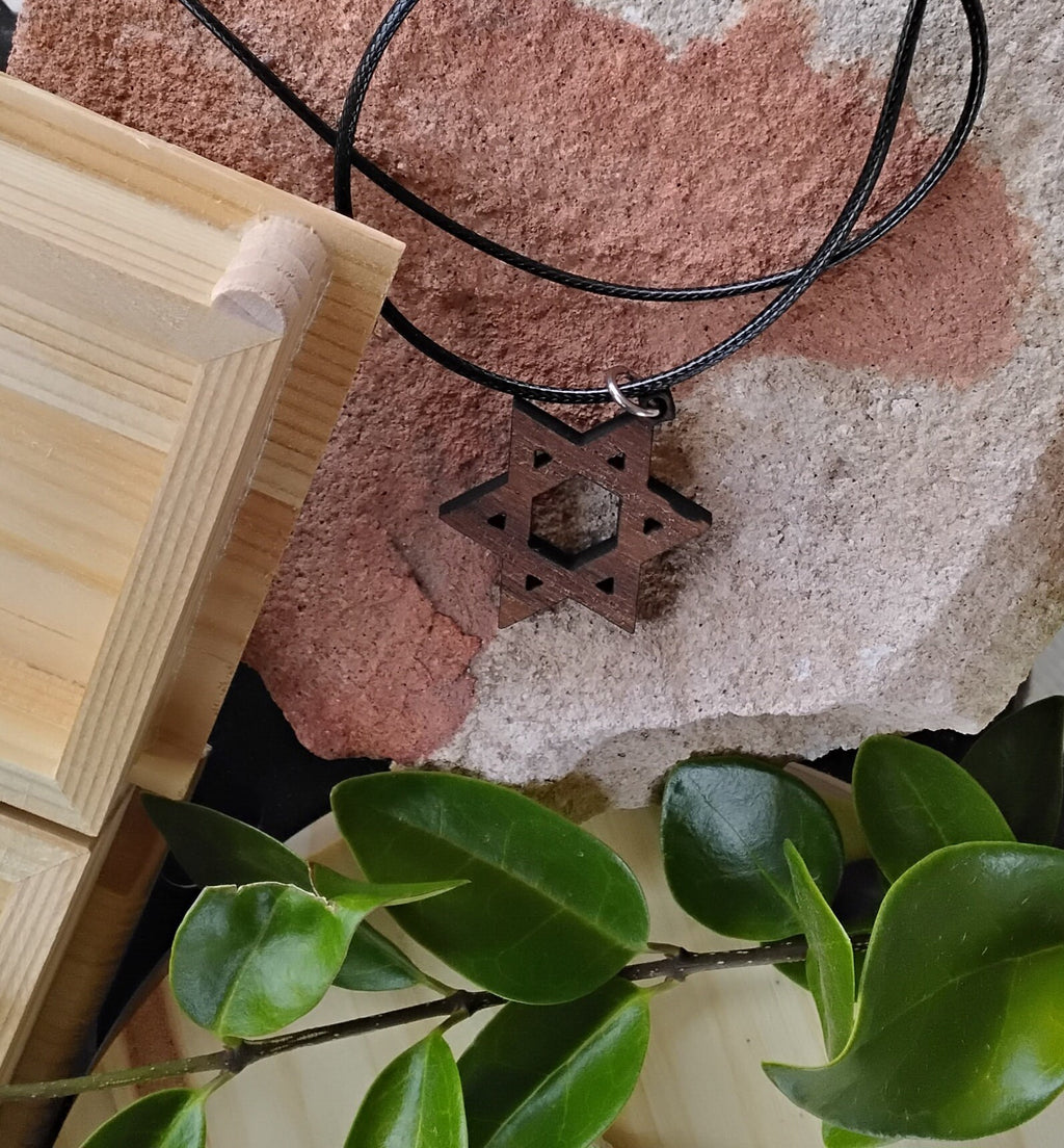 Handmade wooden walnut pendant Jewish star of David magen David in Hebrew Israel comes with 20" necklace