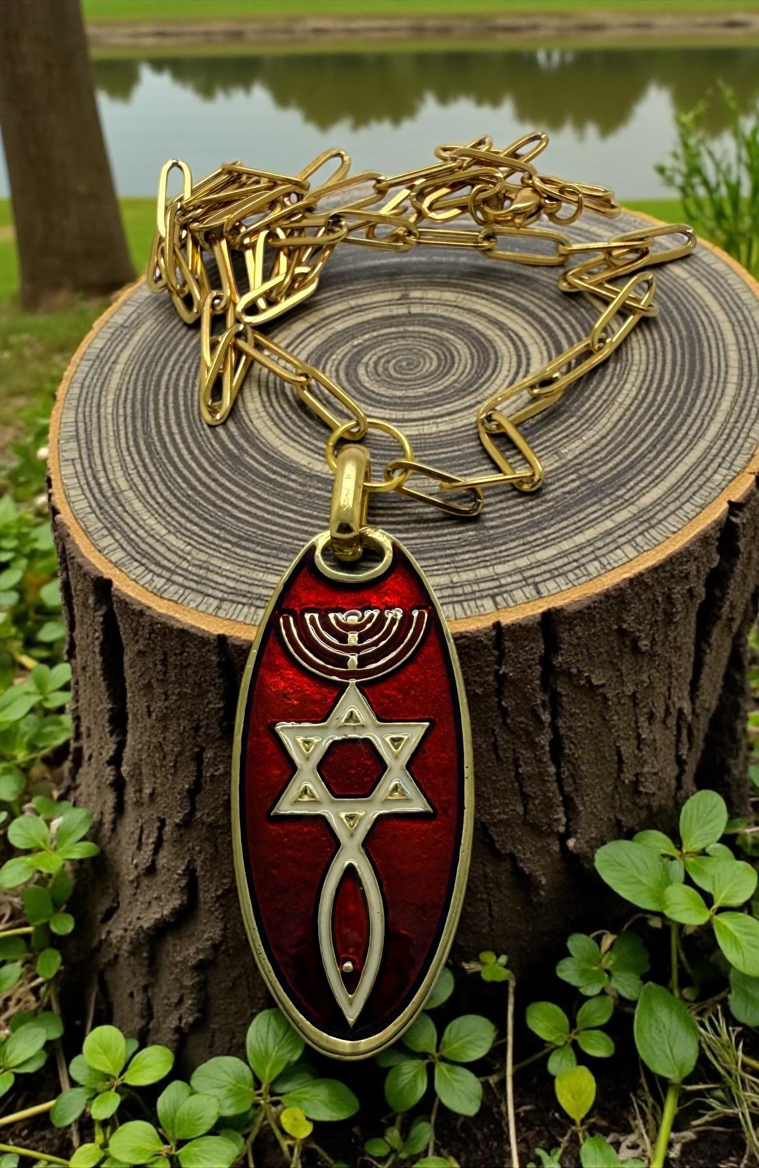 Grafted in messianic pendant Star of David menorah and fish 20” Paperclip necklace gift boxed