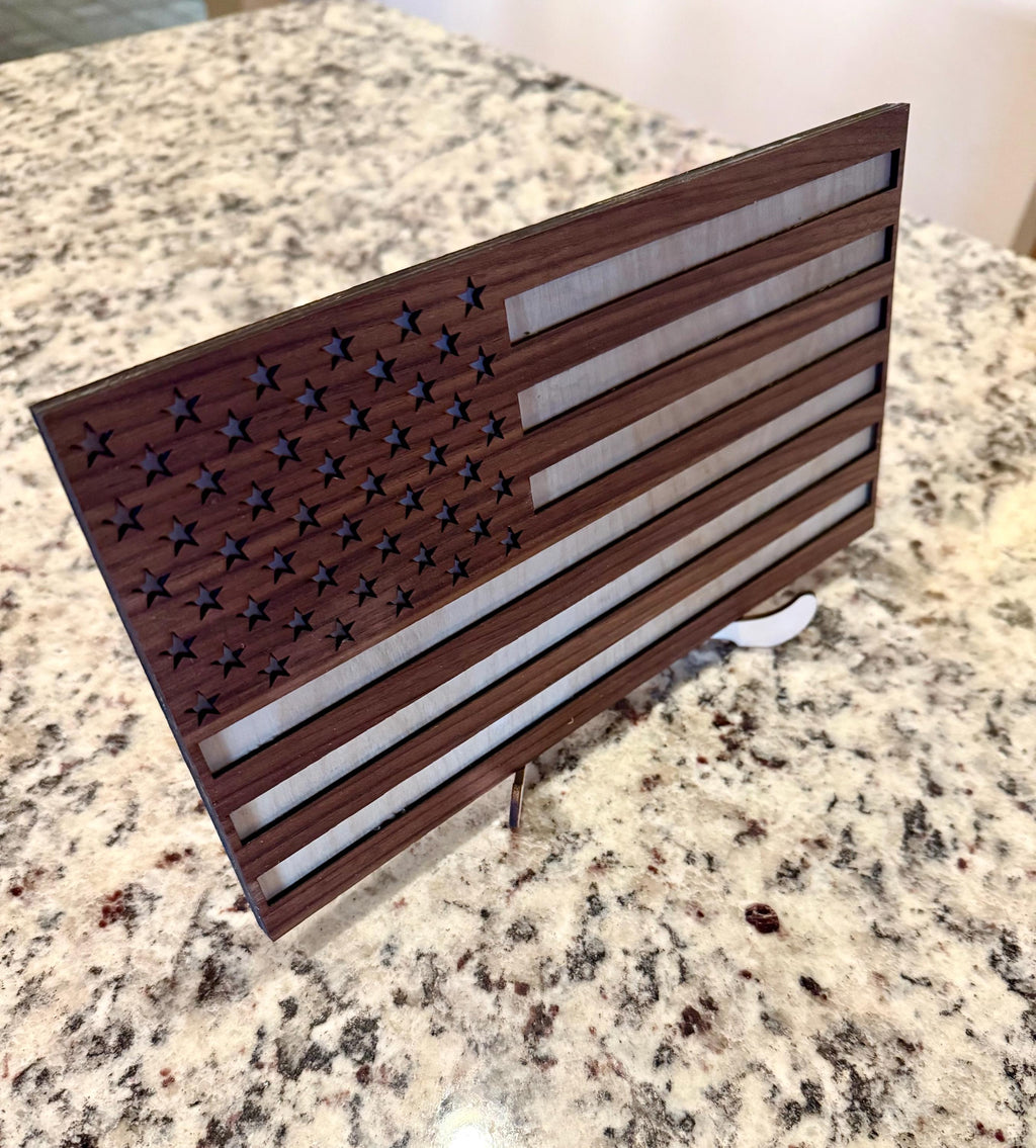 USA American flag handmade in Arizona from walnut and basswood with wooden stand 11” x 6”