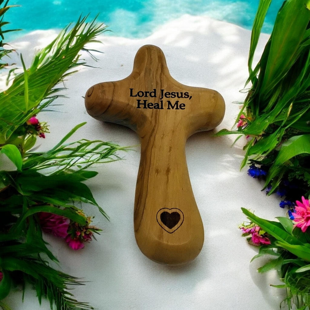 Bethlehem olive wood comfort cross engraved with Lord Jesus, Heal Me and heart, can be personalized with name on the back gift boxed