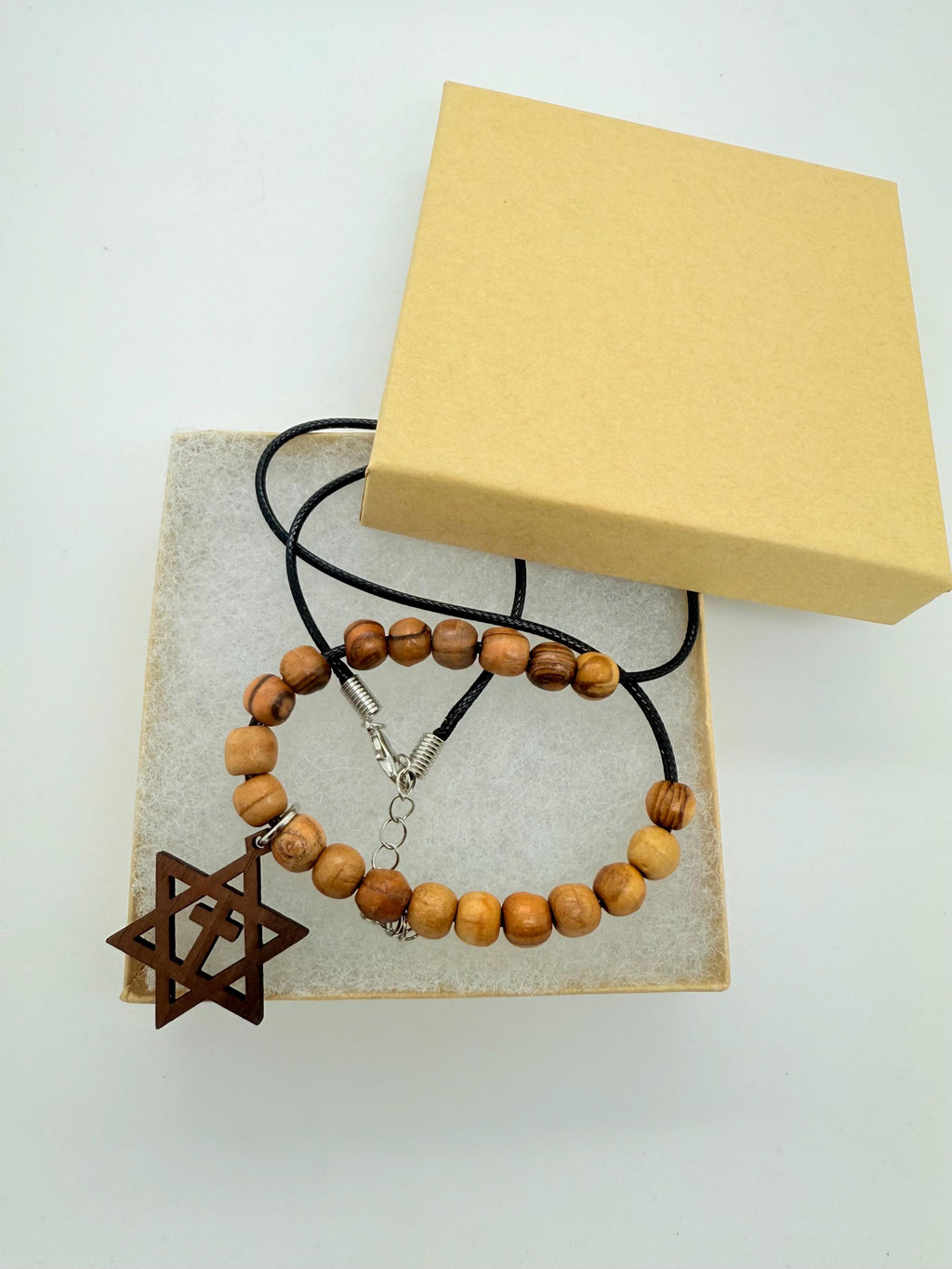Star of David with the cross walnut wooden pendant handmade necklace with olive wood beads 20" gift boxed