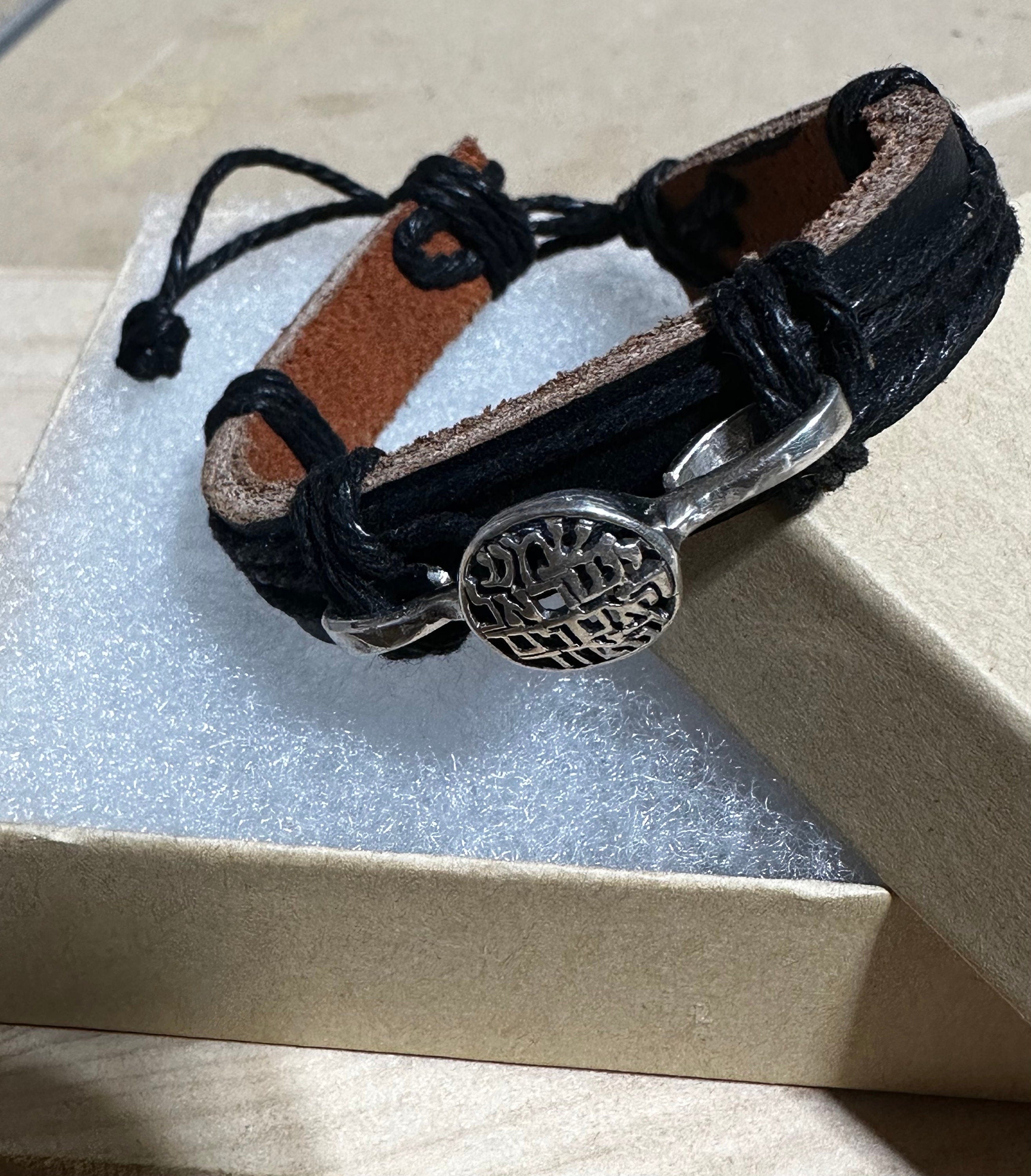 Shema Israel bracelet sterling silver with leather handmade