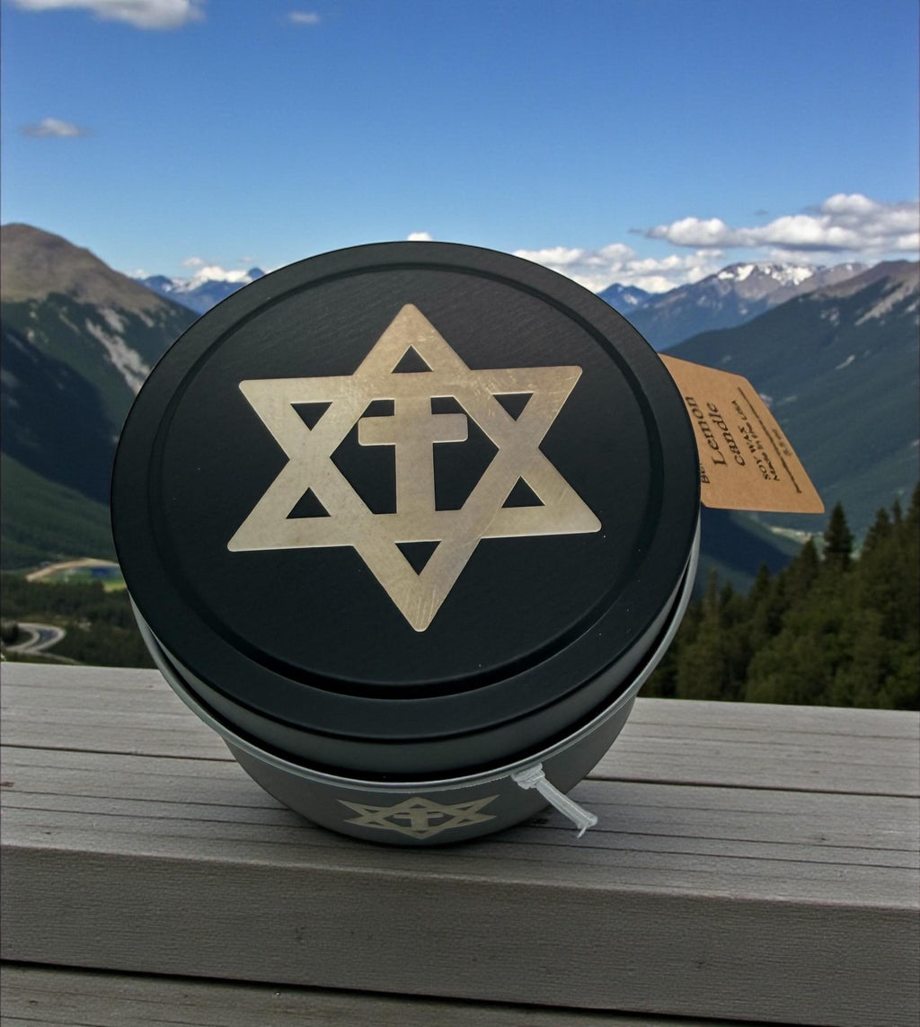 Handmade soy wax candle Star of David with the cross engraved tin metal jar available in 3.5 oz or 7 oz. Personalization Available