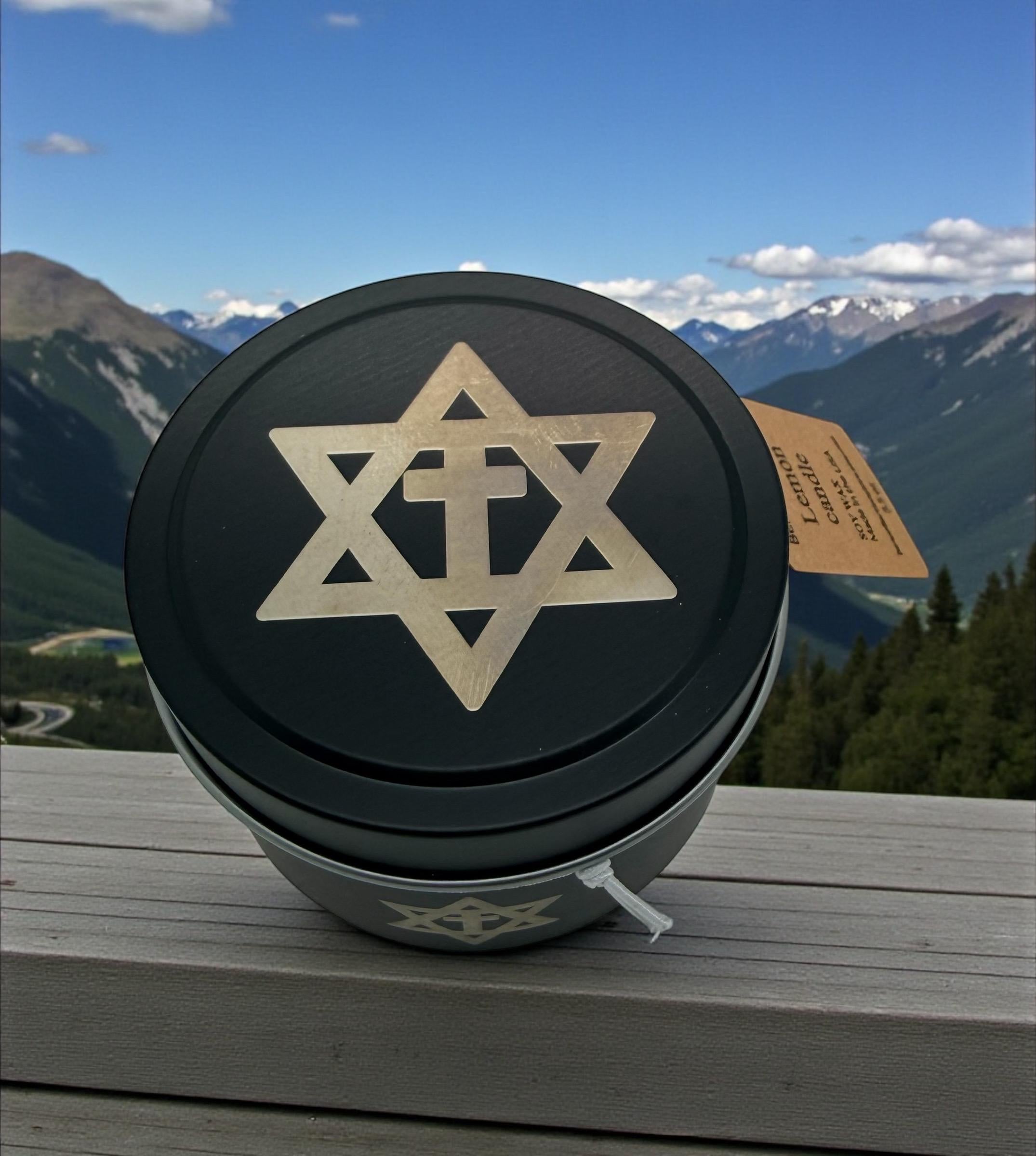 Handmade soy wax candle Star of David with the cross engraved tin metal jar available in 3.5 oz or 7 oz. Personalization Available