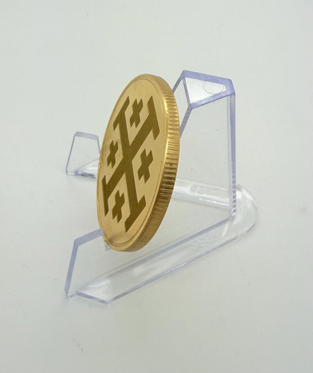 The Jerusalem cross engraved challenge coin made from brass or alloy comes with display stand