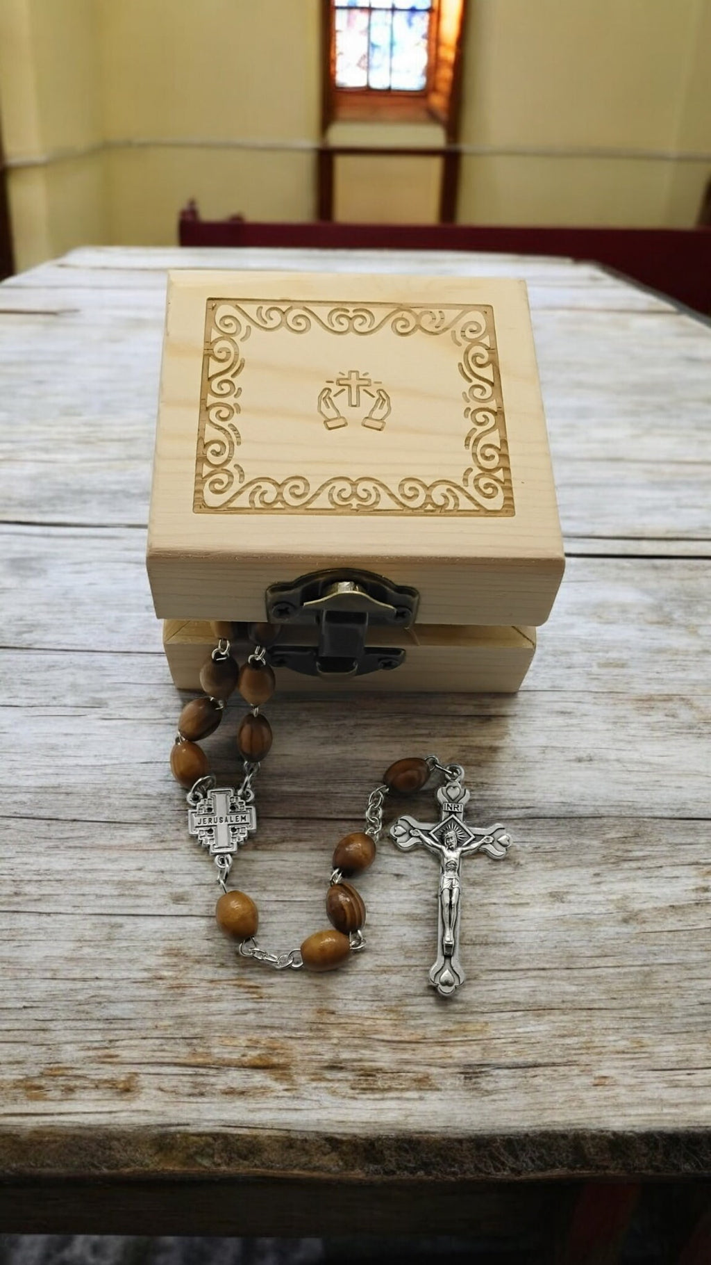 Bethlehem olive wood rosary beads necklace with the Jerusalem cross centrepiece and wooden pinewood handmade engraved