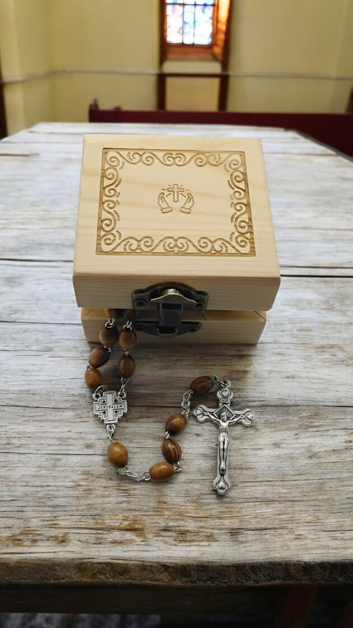 Bethlehem olive wood rosary beads necklace with the Jerusalem cross centrepiece and wooden pinewood handmade engraved