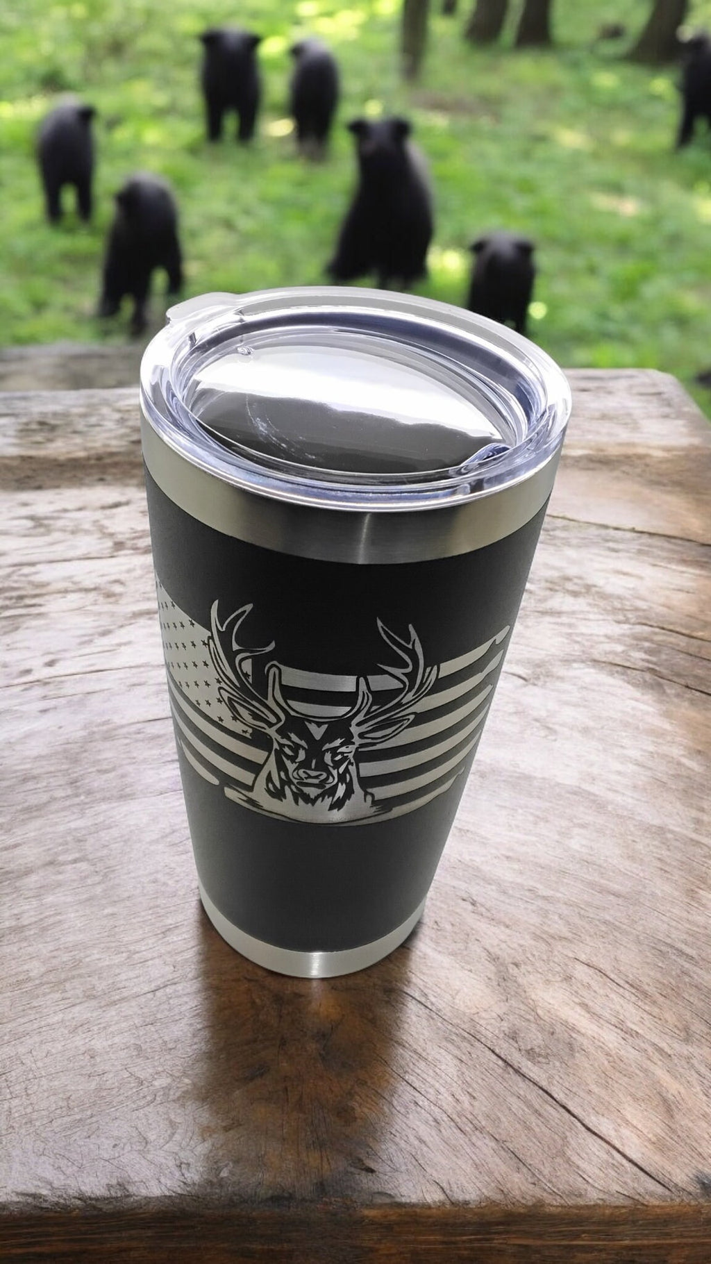 20oz Stainless Steel Tumbler with Lid engraved US Flag Deer Hunting travel mug