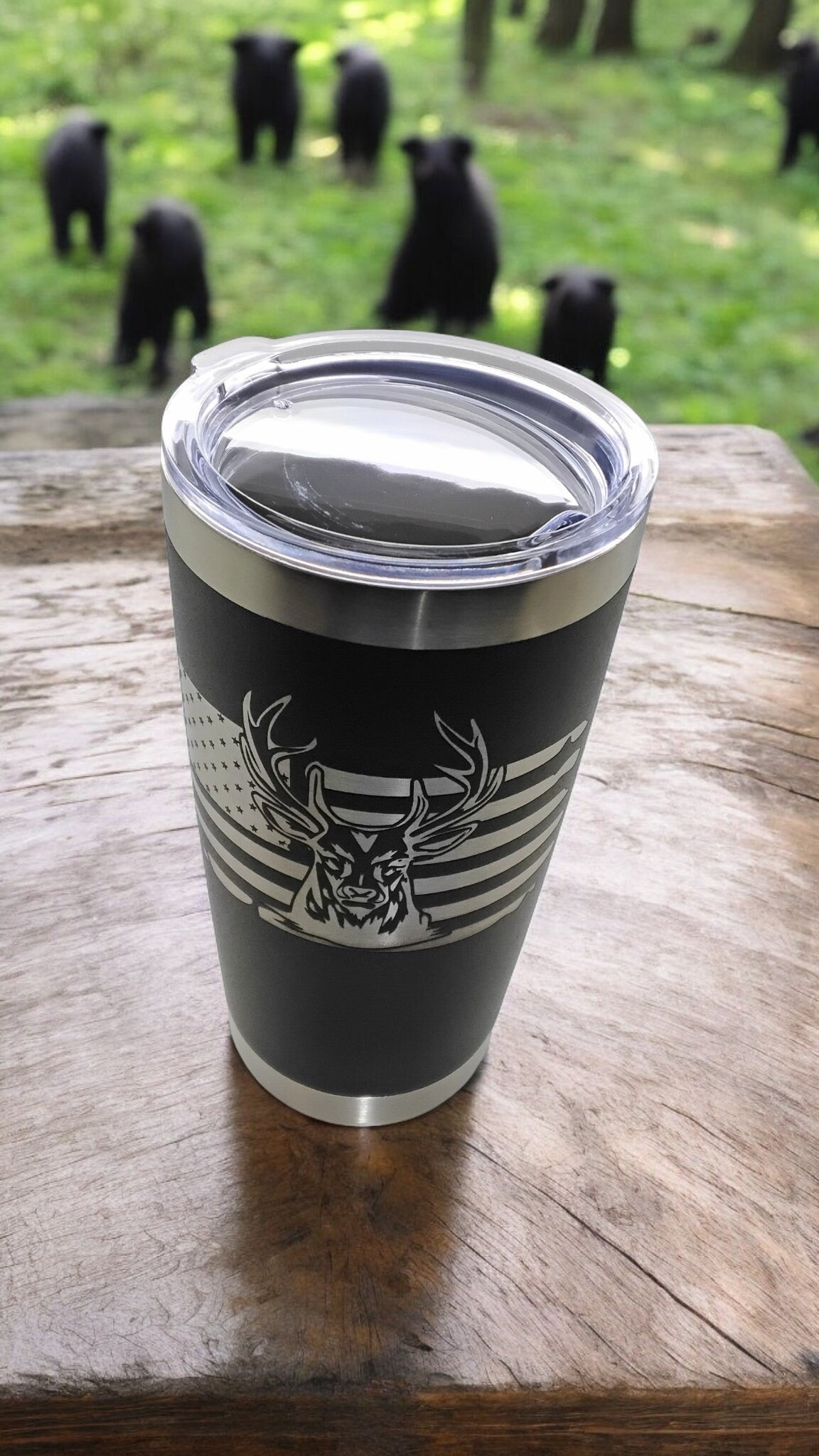 20oz Stainless Steel Tumbler with Lid engraved US Flag Deer Hunting travel mug