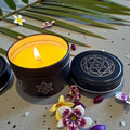 Handmade soy wax candle 3.5 oz Star of David menorah Jewish design engraved tin metal tin jar Shalom in Hebrew. Personalization available.