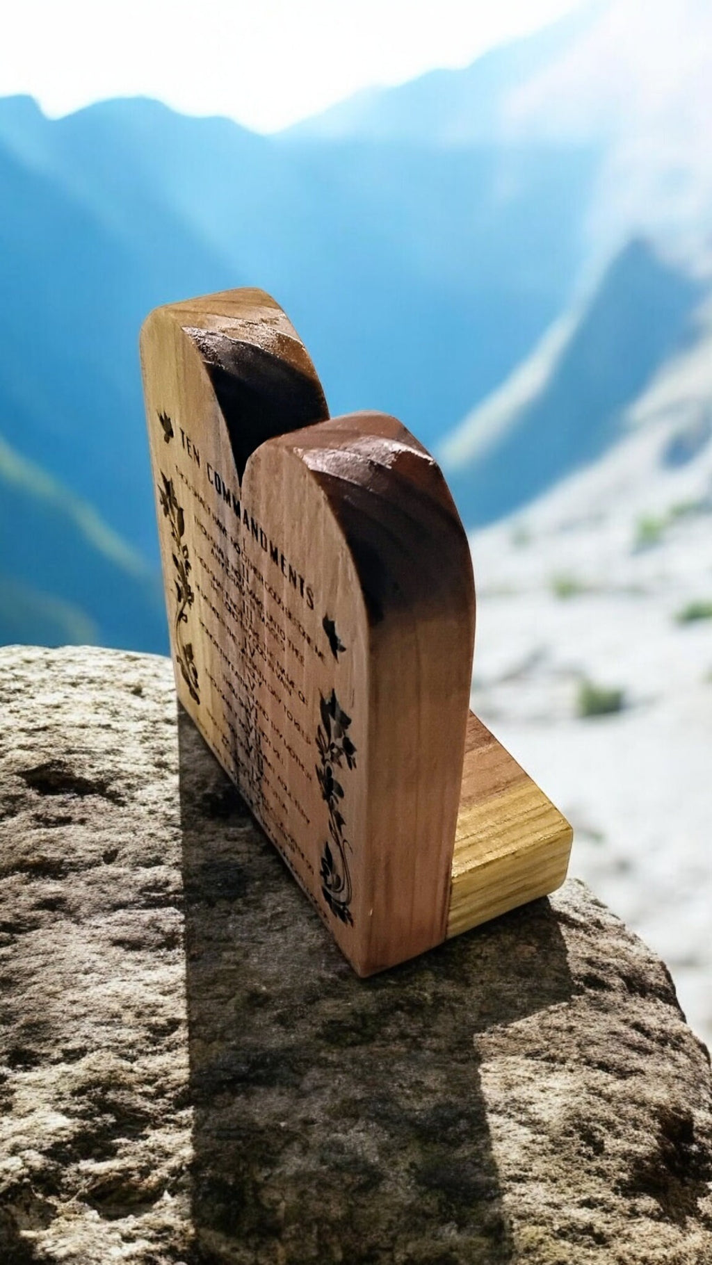 The Ten Commandments handmade engraved in English or Hebrew with the menorah on cedar wood table top desk or bookcase display.