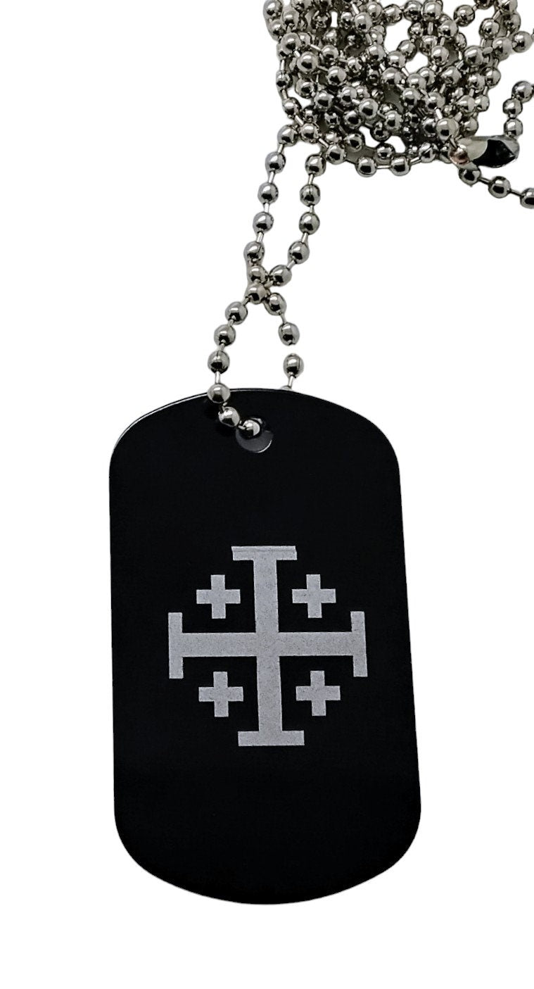 Engraved black dog tags necklace with inspirational and religious messages