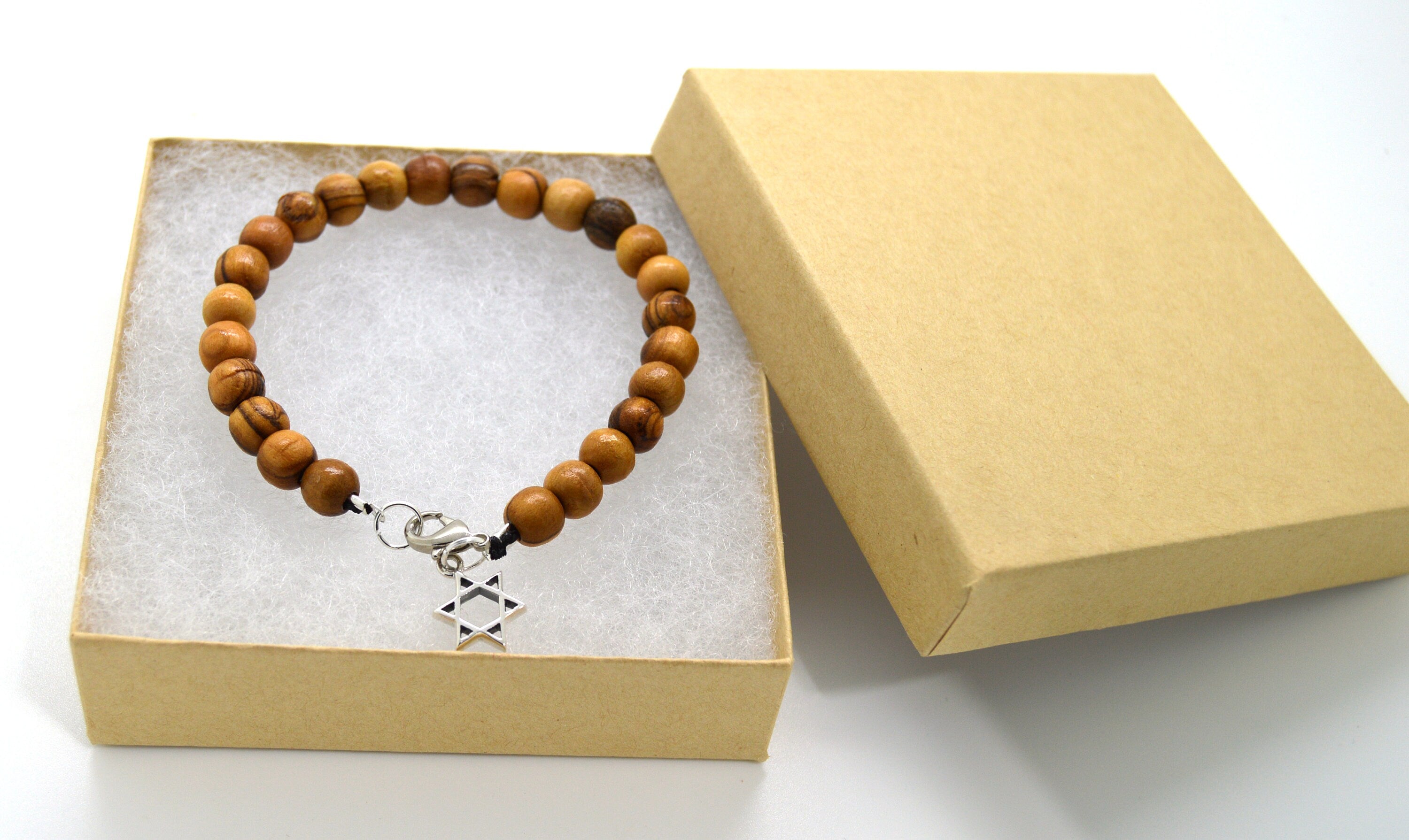 Olive wood bracelet handmade from 8 mm beads with Hebrew Chai, Jerusalem cross, Star of David or Heart charm gift boxed