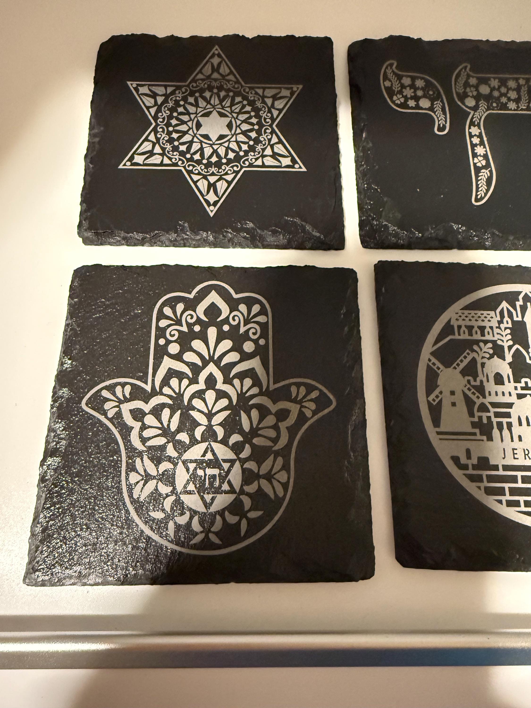 Natural Slate Stone Handmade Coaster Set with Star of David Chai Hamsa Hand and Jerusalem engraved