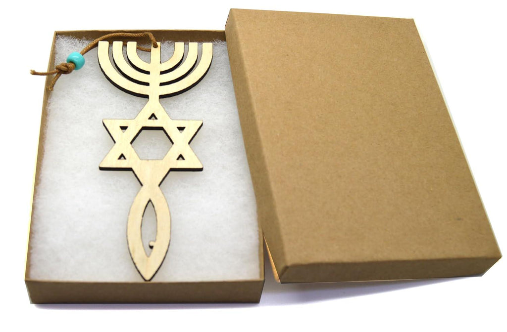 Messianic Seal Grafted In Israel Star of David Menorah and Fish cutout basswood 5" long x 2" gift boxed home decor wall hanging ornament