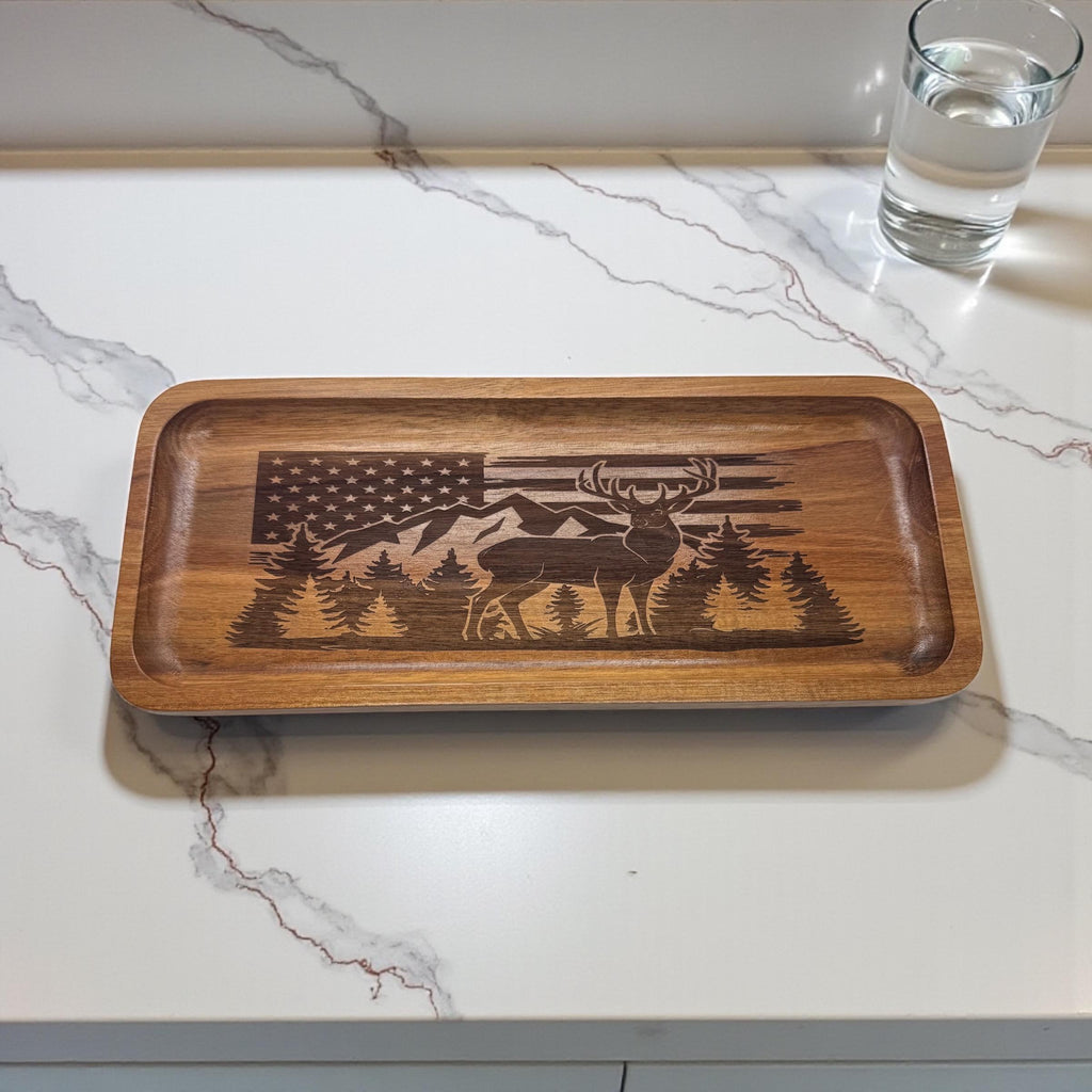 Acacia wood tray engraved with the American flag Deer mountain and tree forest 11.8” x 5” x 0.78”