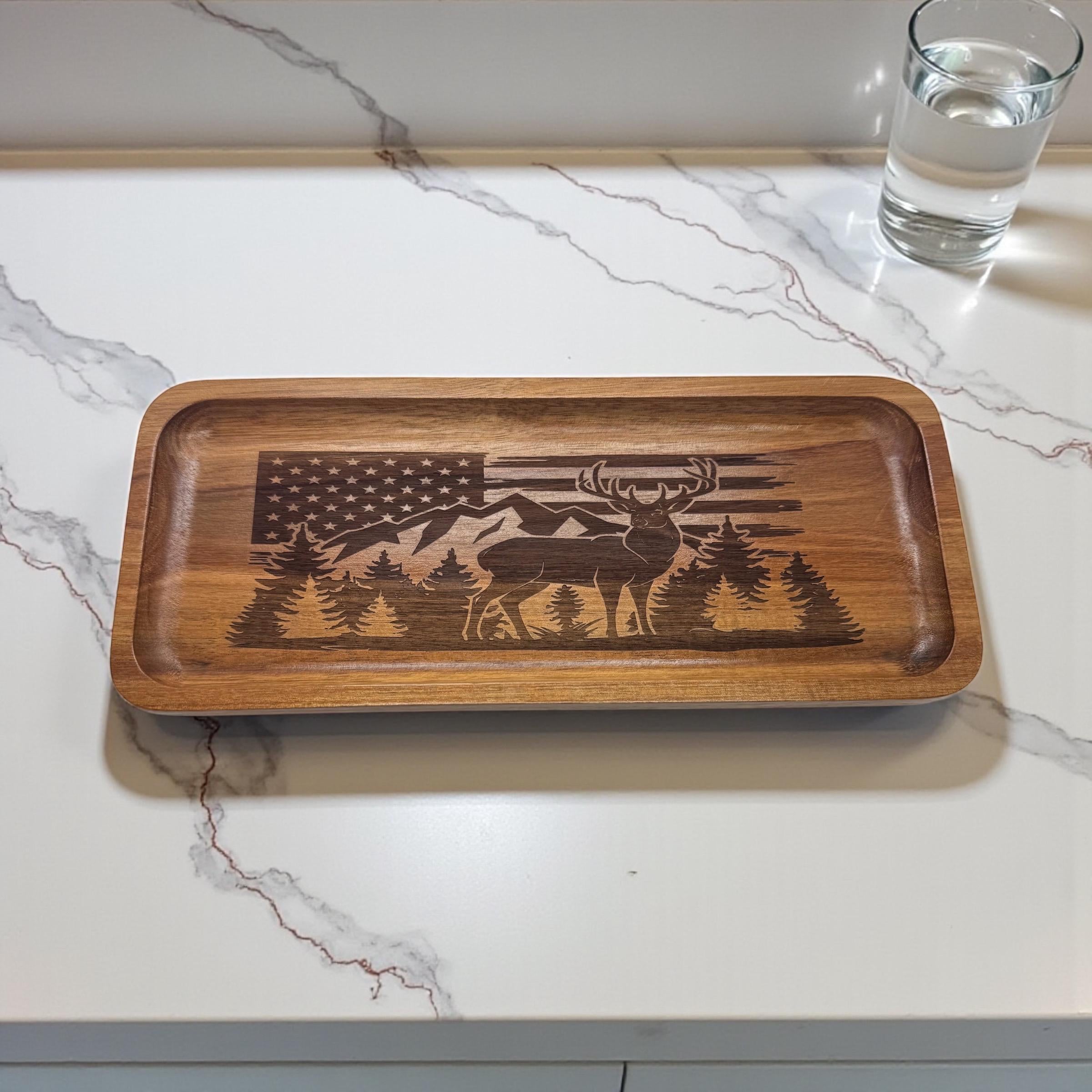 Acacia wood tray engraved with the American flag Deer mountain and tree forest 11.8” x 5” x 0.78”