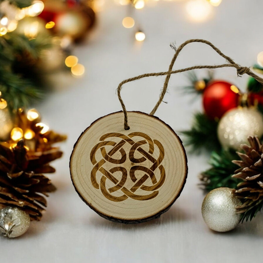 Celtic knot  handmade engraved on natural pine wood slice with the bark great decoration for the Christmas tree comes ready to hung gift box